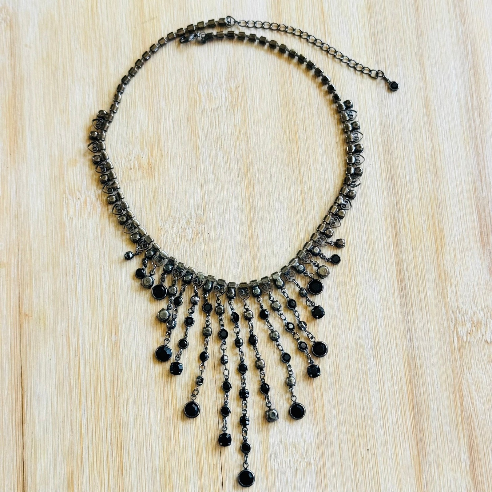 VTG Victorian Goth Style Black Glass Necklace Brass Waterfall Cascade Open Bezel