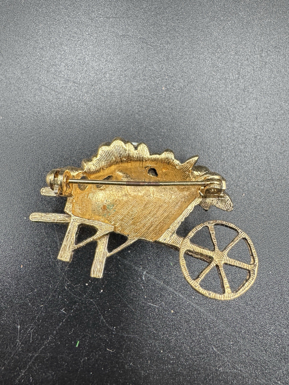 Vintage Flower Cart Brooch Gold Tone Faux Pearl Wheelbarrow Pin Floral