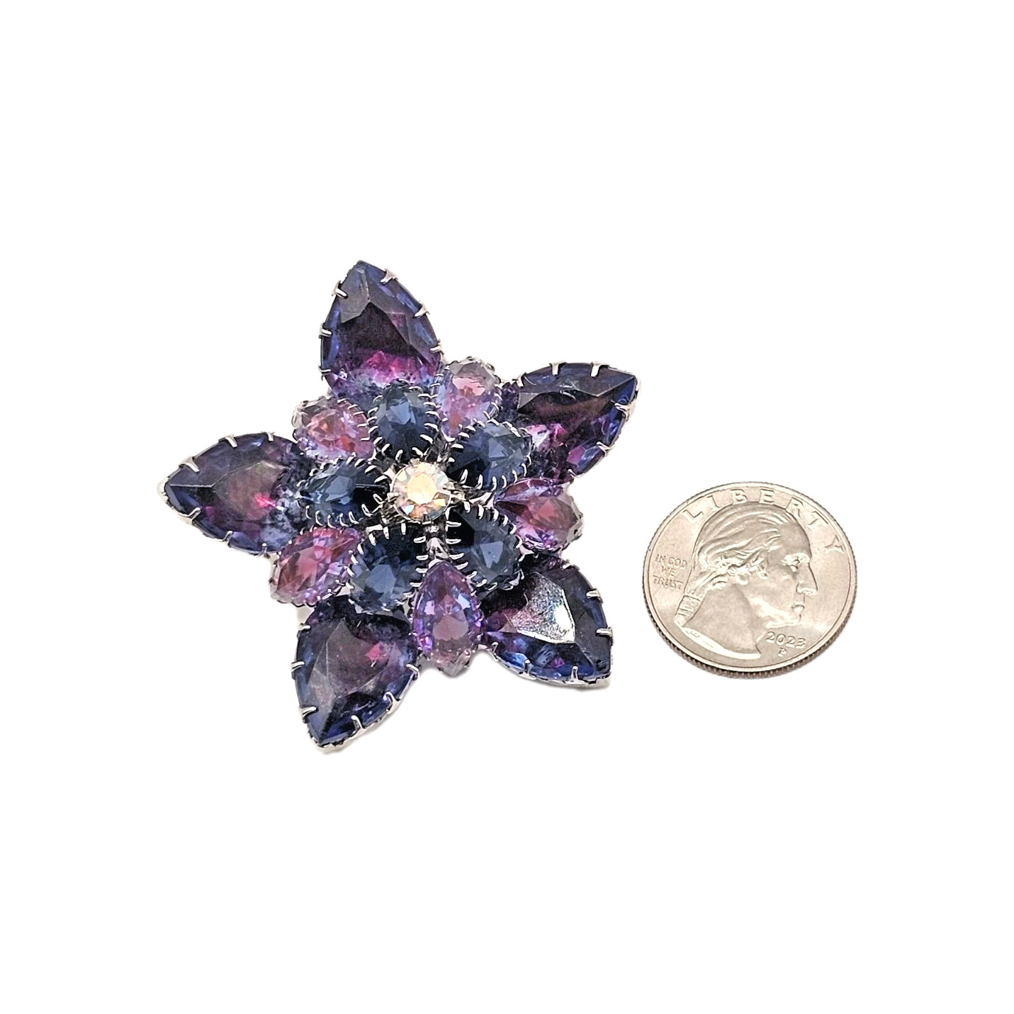 VTG Starburst Domed Purple Blue Pink Vitrail Glass Rhinestone Brooch Silver Tone