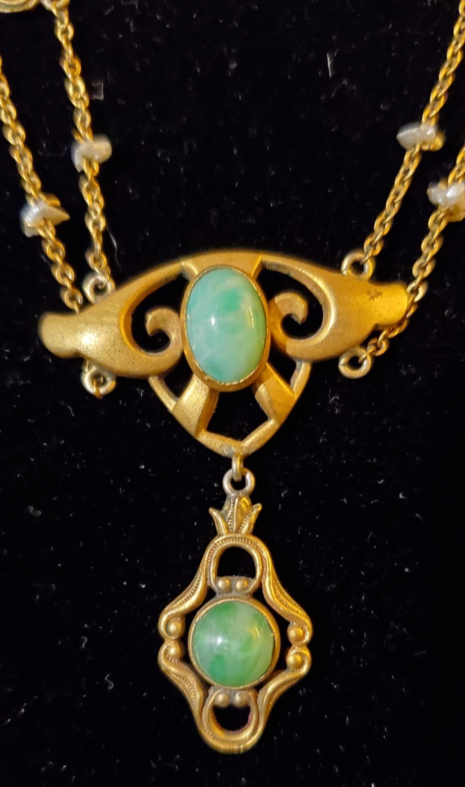 Antique Art Nouveau Krementz Festoon Necklace Seed Pearls Green Cabochons