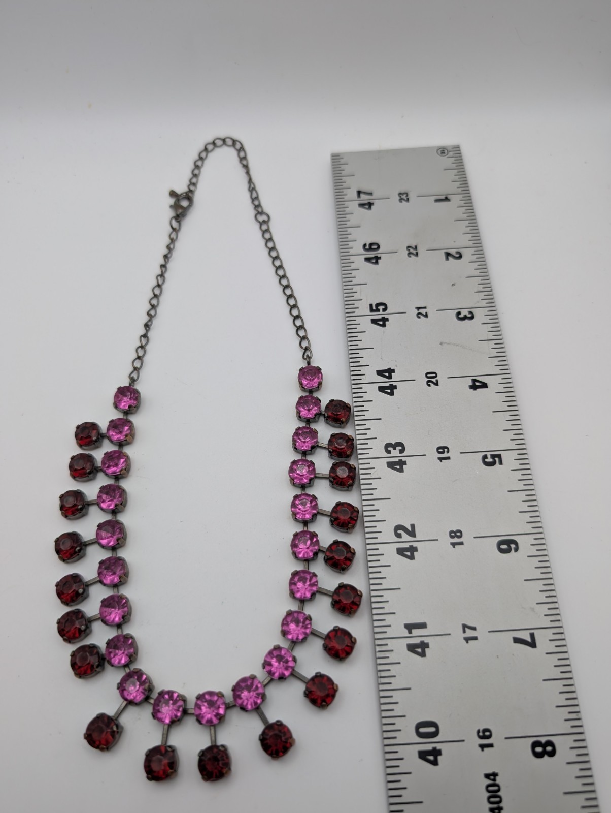 Vintage Rhinestone Fringe Necklace Pink Red Crystal Gunmetal Statement