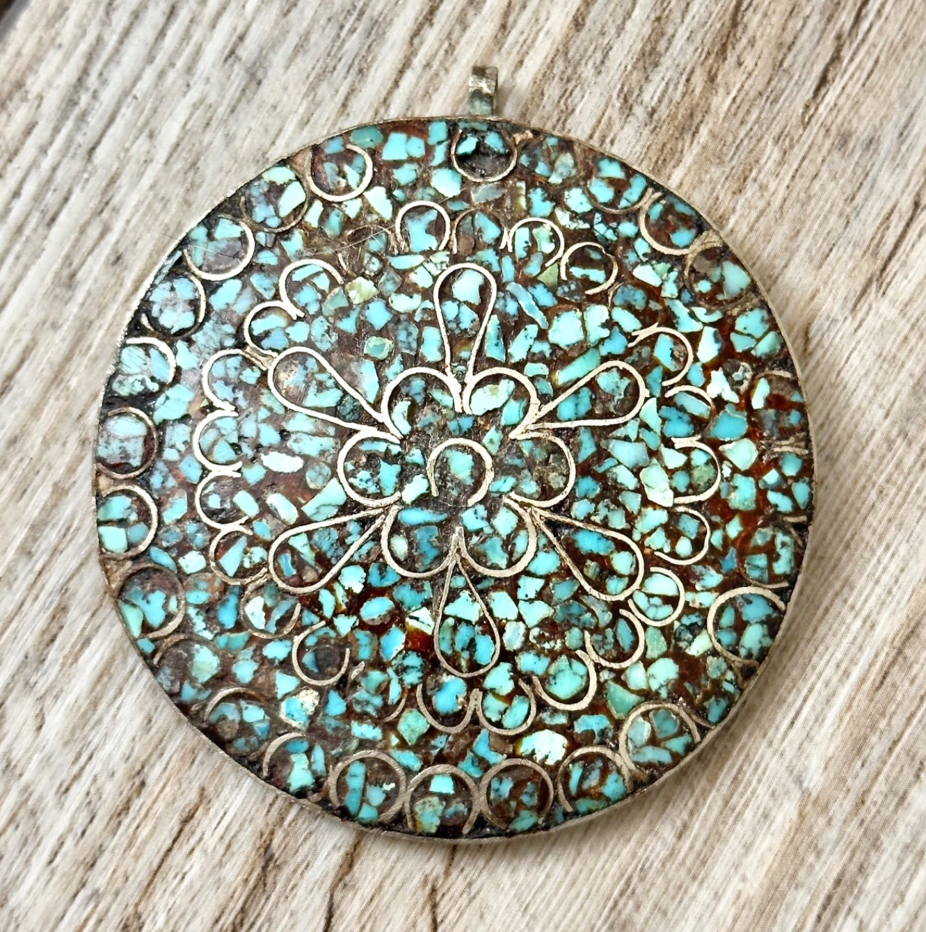 Vintage Mosaic Stone Chip Inlay Round Pendant Turquoise? Silver Tone Wire Work