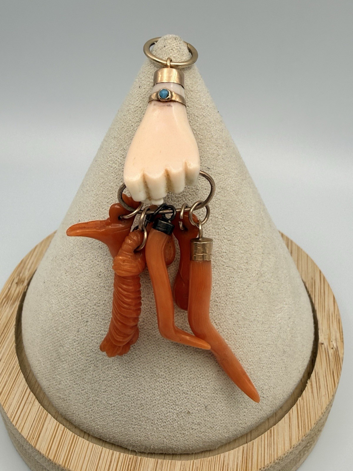 Antique Ca 1830-70s Angle Skin /Orange Coral Hand Figa & Charm Pendant Gold