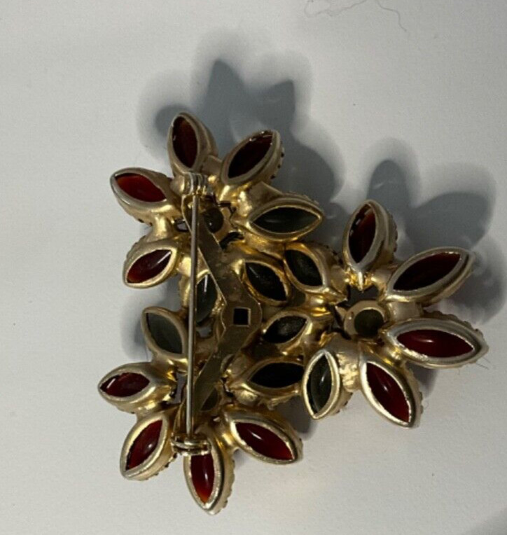Vintage Warm Red and Gray/Green Flower Brooch approximately 2 inches long