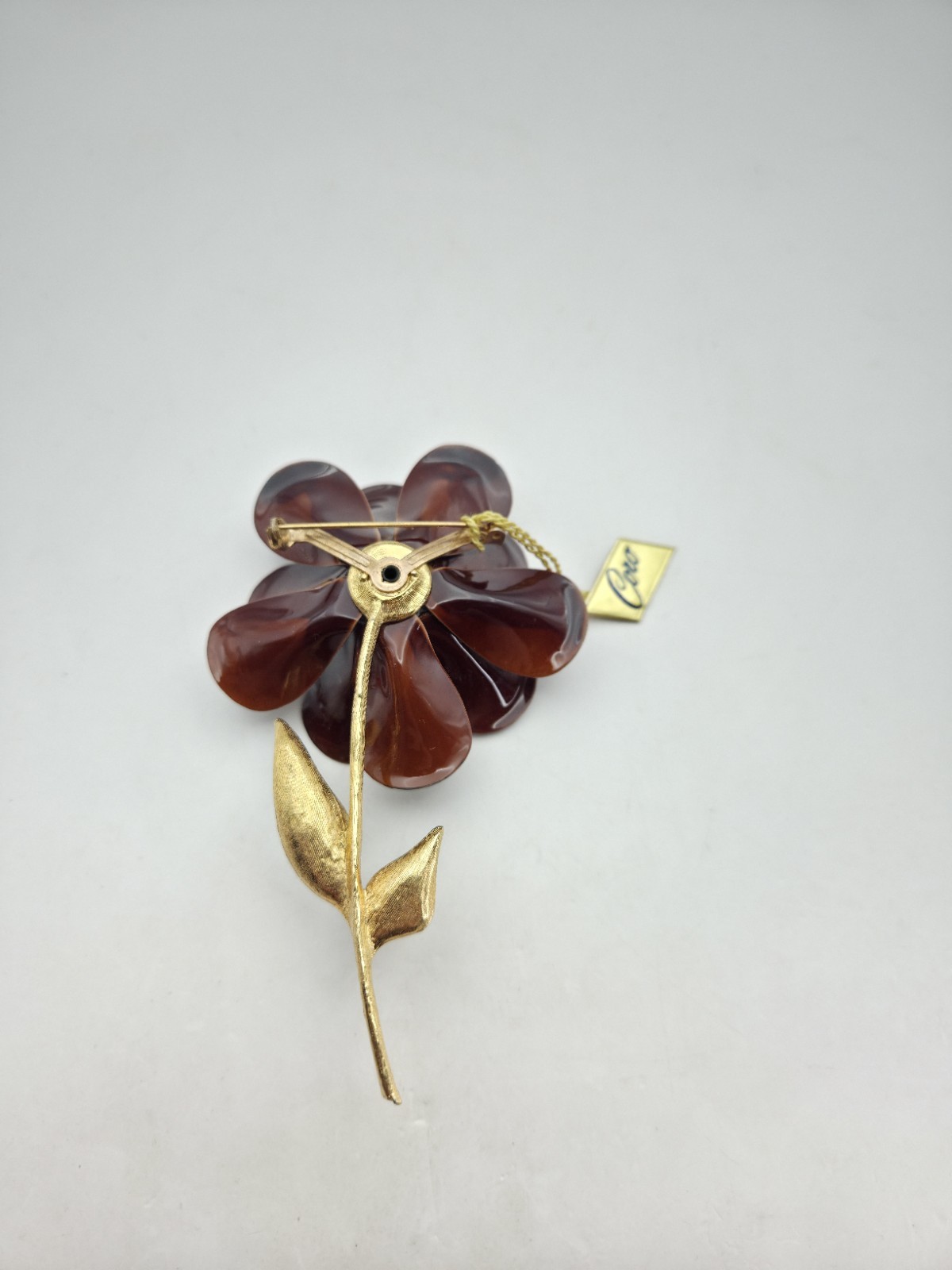 Coro Enamel Flower Brooch Brown Stem Mid Mod Pin 4″ 60s Style Floral Vintage