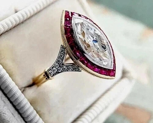 Art Deco Style 2.95Ct Lab Created Diamond Wedding & engagement 14K Gold FN Ring