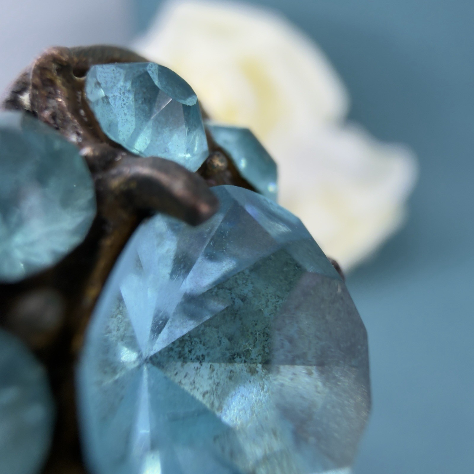 ANTIQUE Edwardian Victorian Filigree Aqua Blue CZECH GLASS Dress Clip Brooch Pin