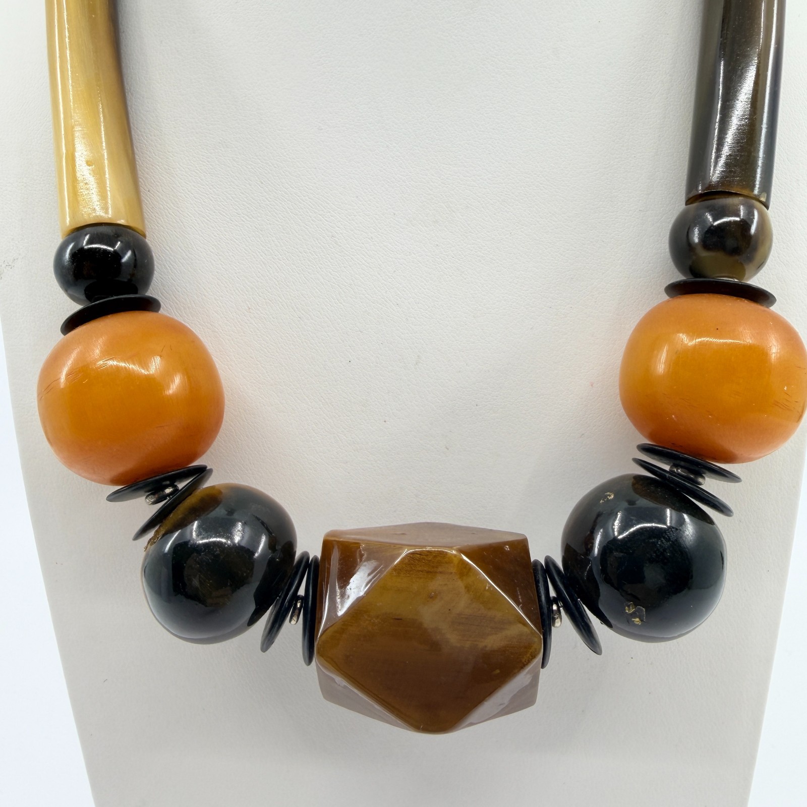 Vintage Chunky Resin Faux Horn Tusk Geometric Bead Statement Necklace Boho 90s