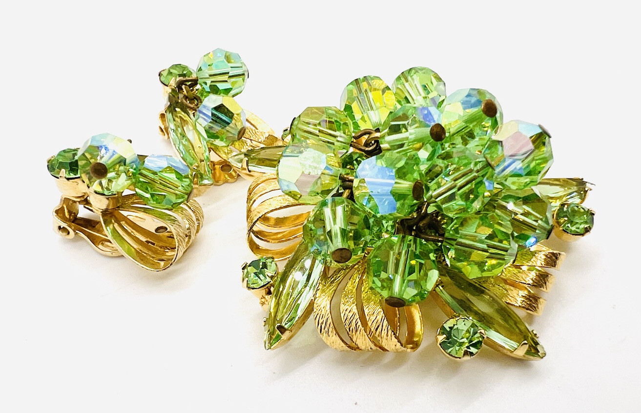 JULIANA Delizza Elster URANIUM GLASS Rhinestone Brooch Earrings Vintage Jewelry