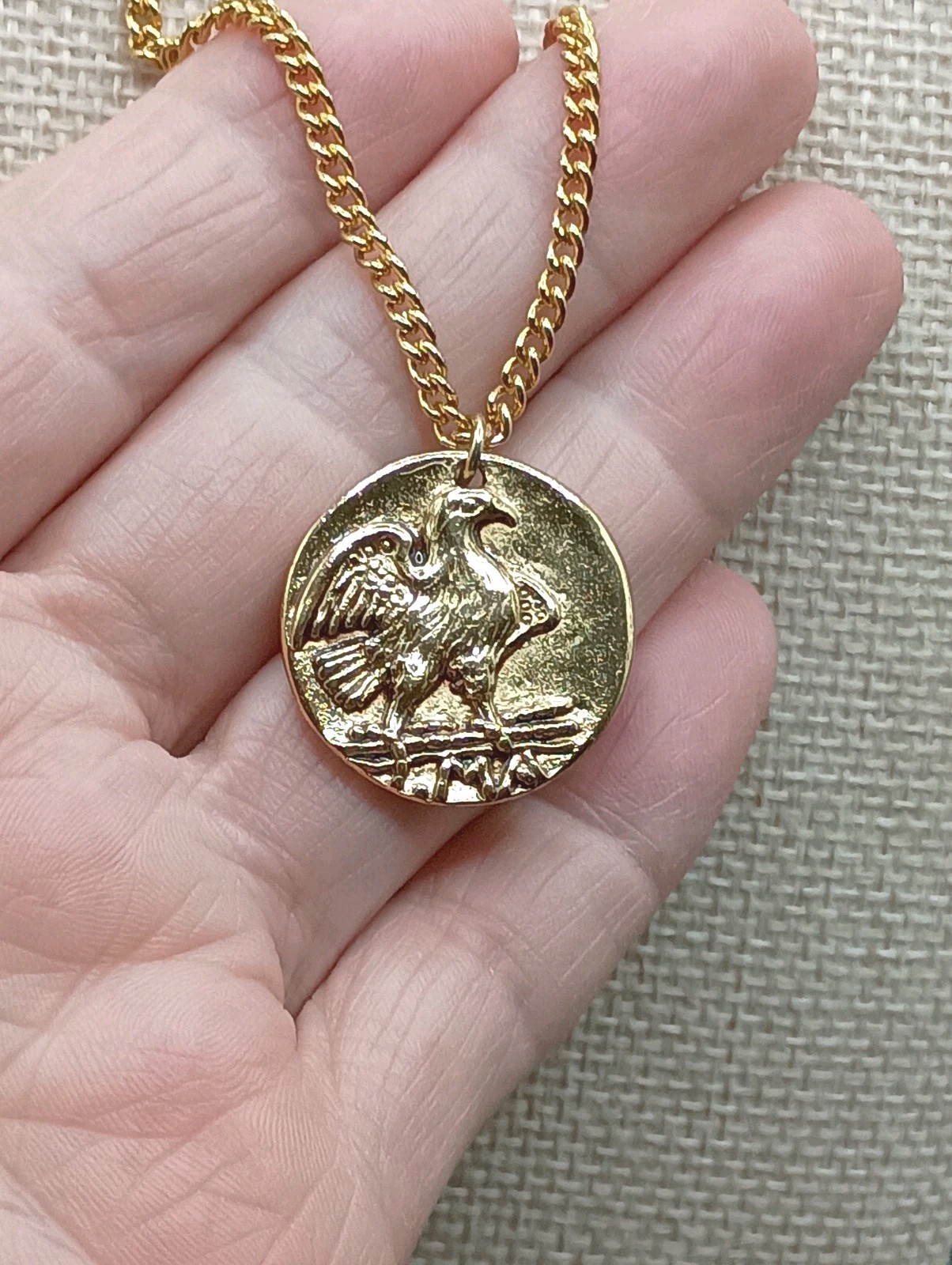 Vintage Avon Coin Pendant Necklace Double Sided Roman Soldier Eagle Gold Tone
