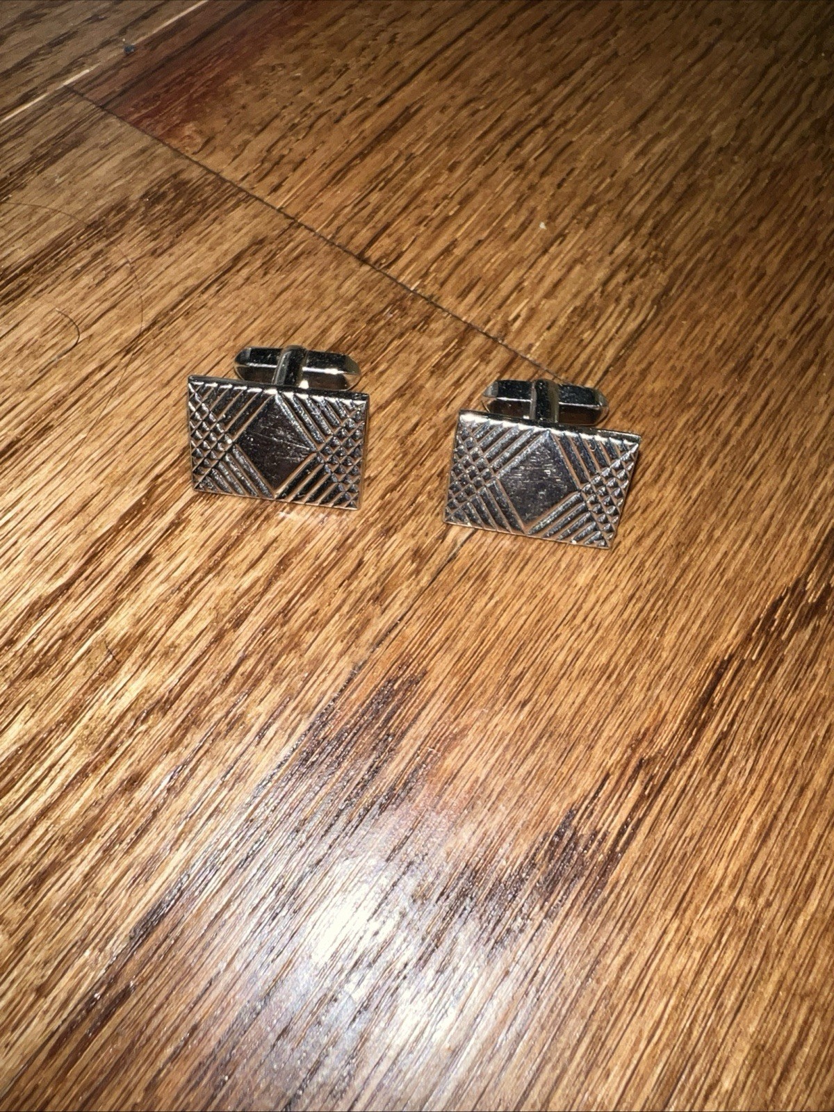 Cufflinks Vintage Old Chrome Silver Lozenge Diamond Rectangle Retro Style