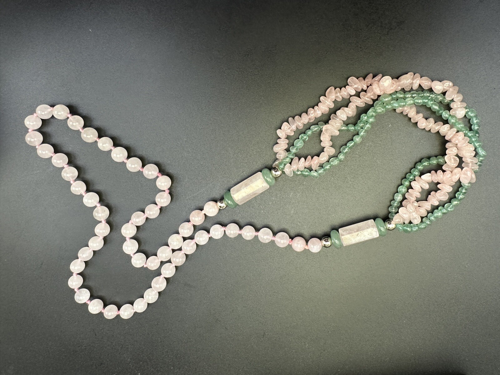 Vintage Chinese Export Multistrand Pink Rose Quartz Green Jade Necklace Stunning