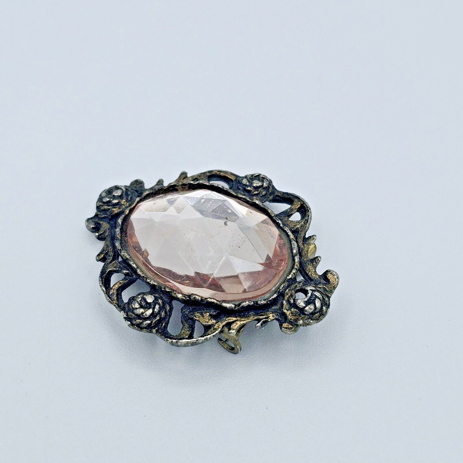 Victorian Faceted Gem Brooch Pendant Vintage Pale Pink Rope Flowers Estate Pin