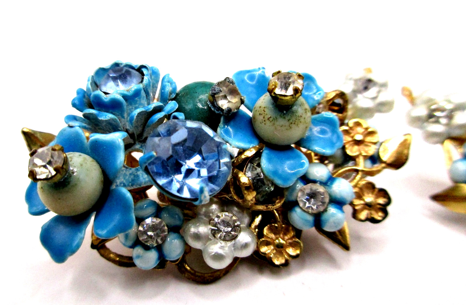 Vintage 50’s Blue Enamel Forget Me Not Pearl Rhinestone Earrings ROBERT DE MARIO