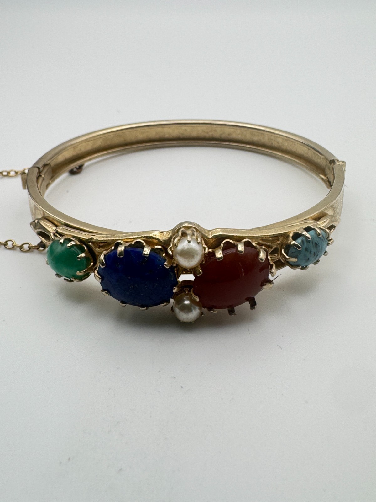 Vintage Cabochon Bracelet Green Blue Hinged Bangle Victorian Revival
