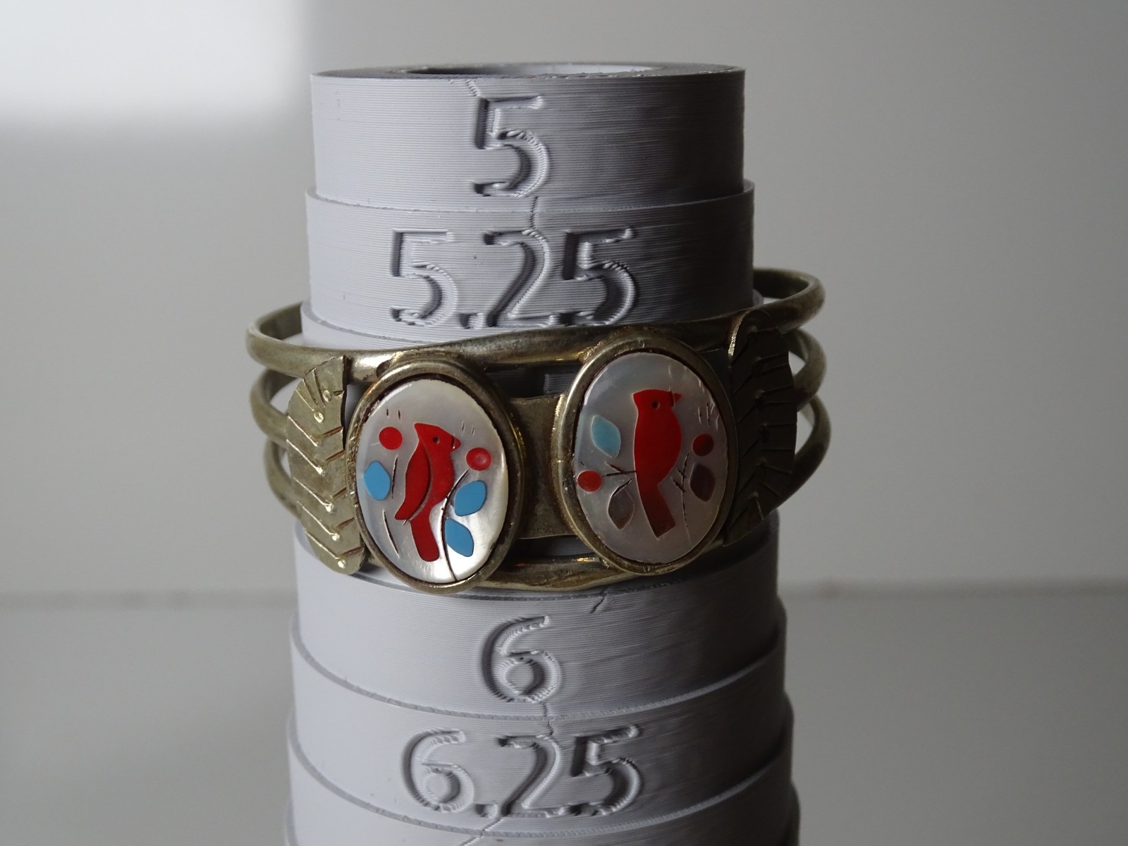 Vintage Mexican Alpaca Silver MOP Red Cardinal Bird Mosaic Cuff Bracelet 5.75
