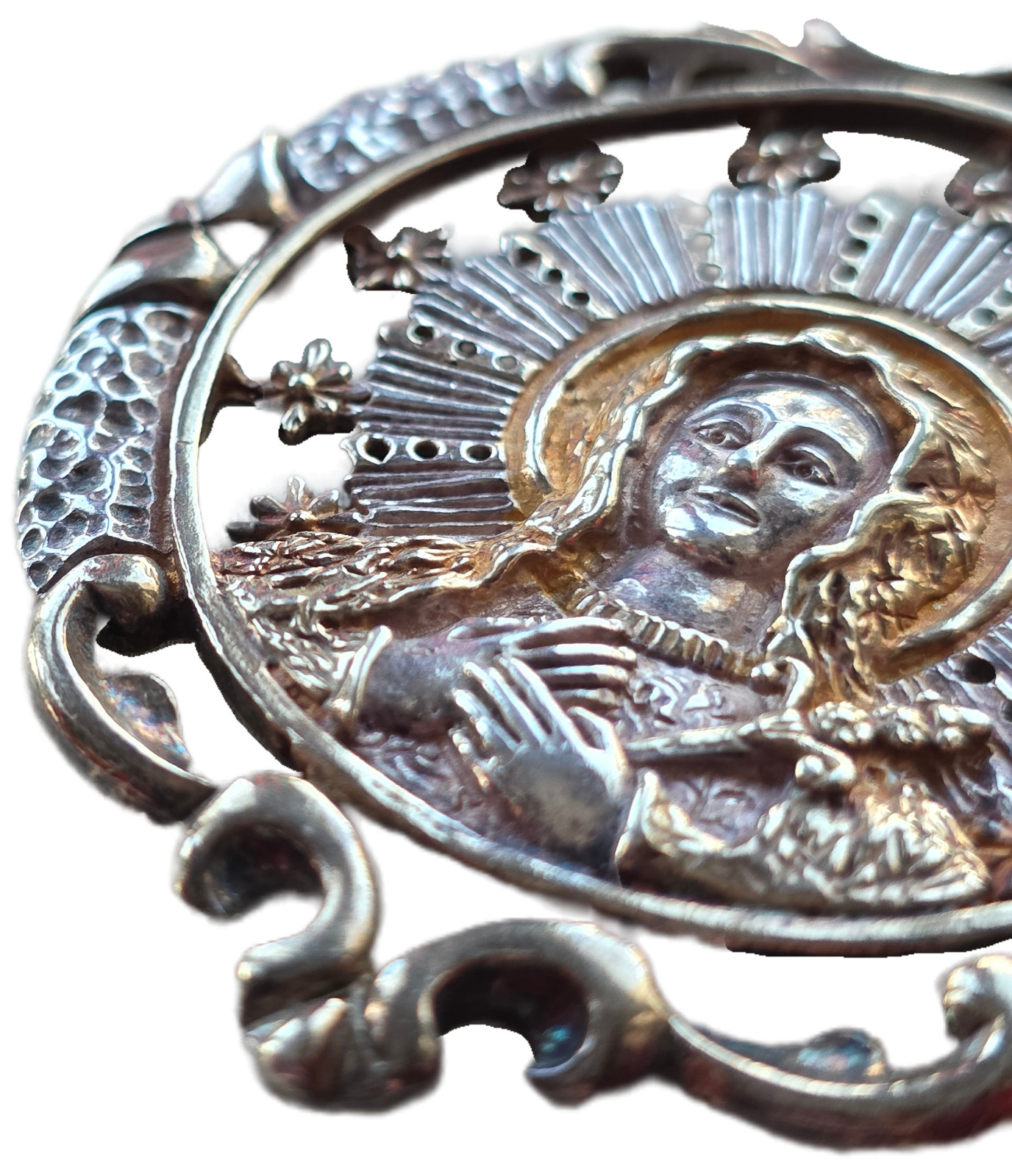 Exceptional antique solid silver Virgin Mary medallion in high relief —t Ca 1890