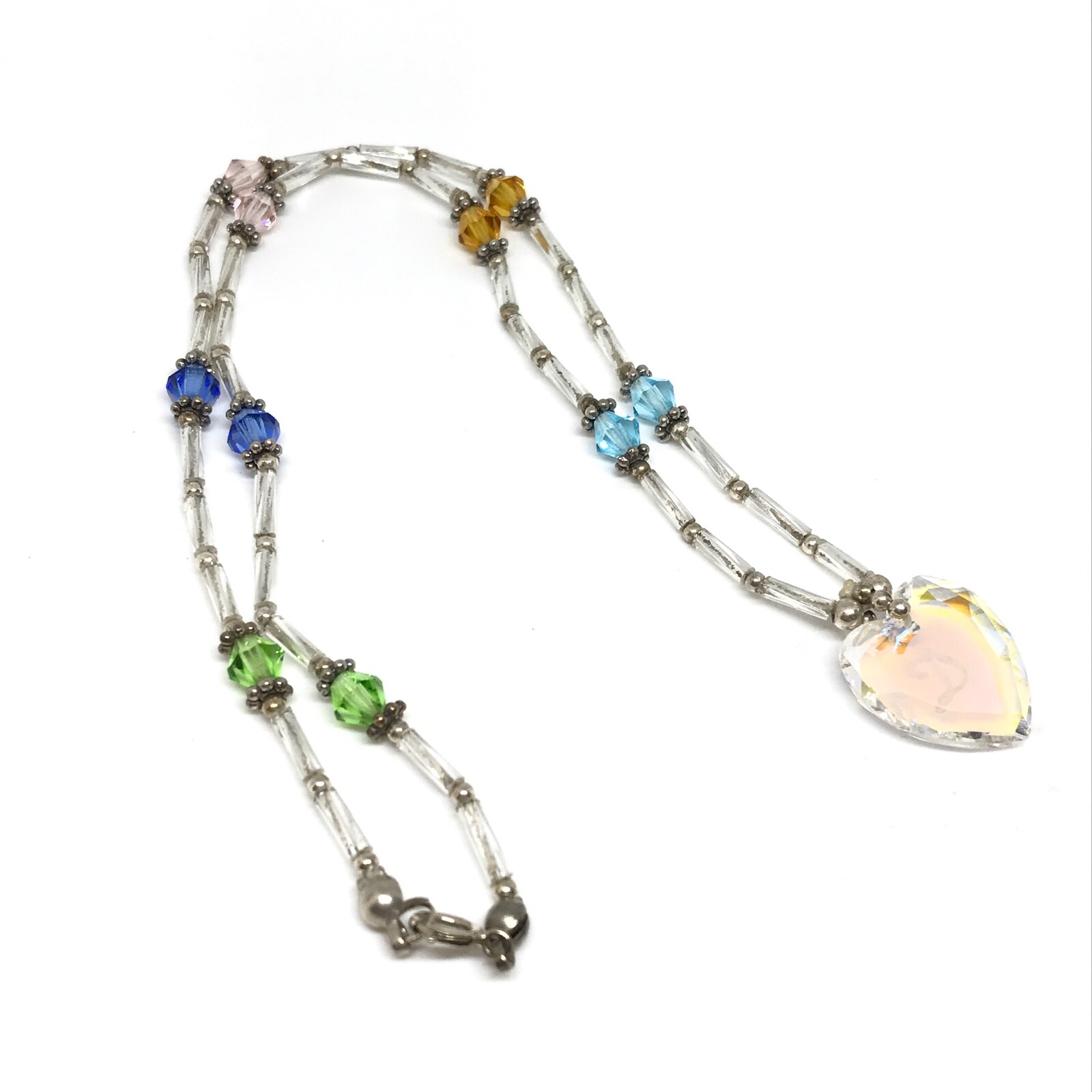 Vintage 925 Sterling Silver Multicolor Bead AB Crystal Letter D Heart Necklace