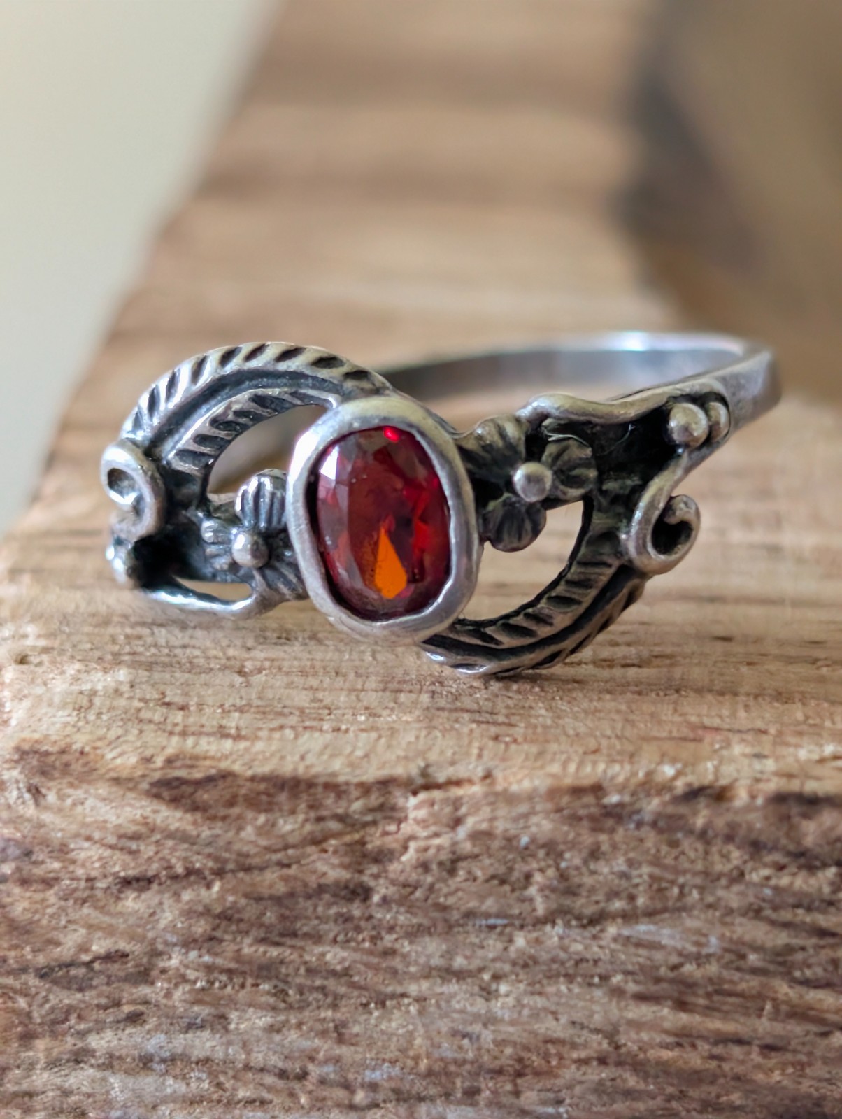 Vintage Sterling Silver Filigree Floral Garnet Pinky Ring Toe Ring Size 3.75