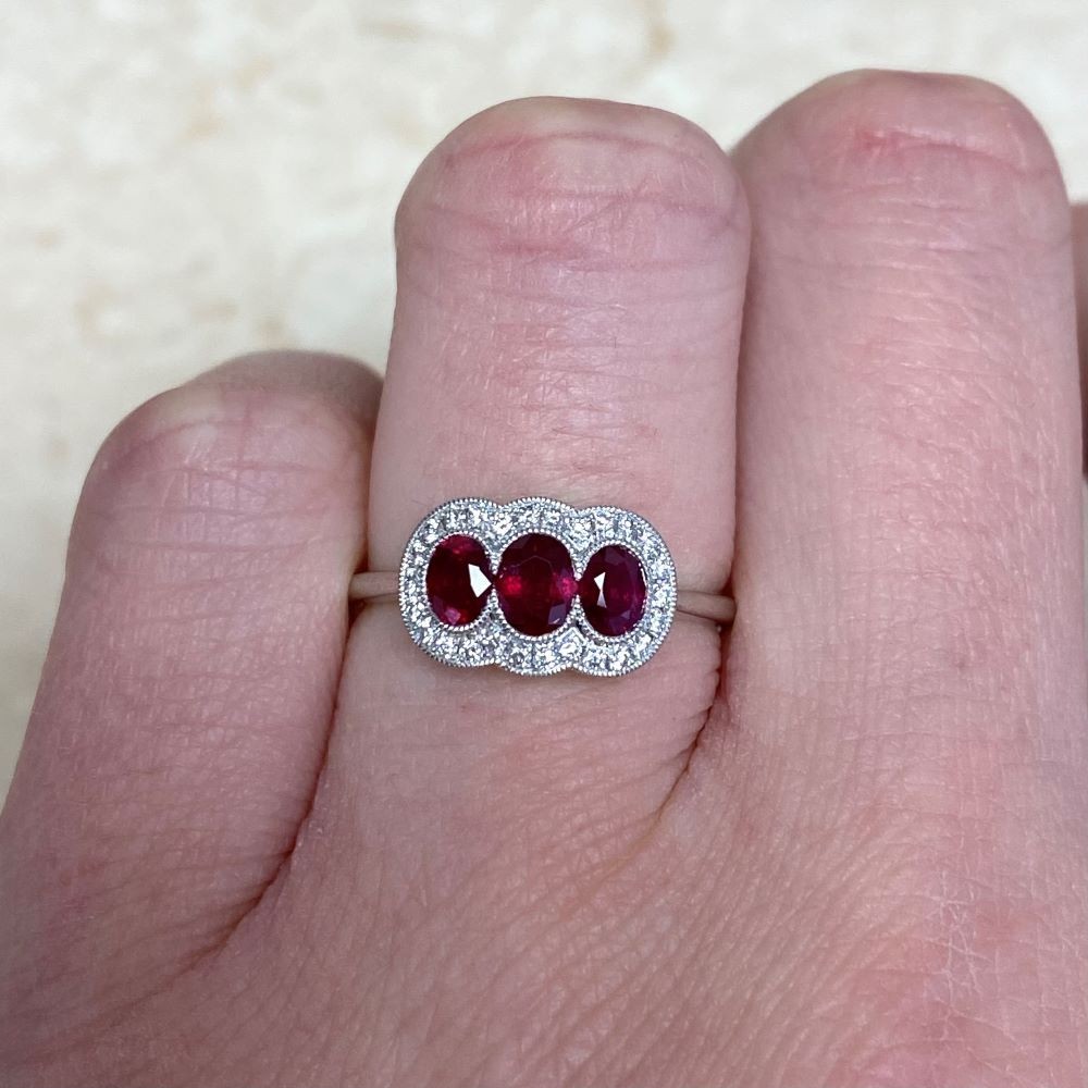 3/4 Ctw Red Oval Cut CZ Three Stone Art Deco Retro Engagement Ring In 925 Silver