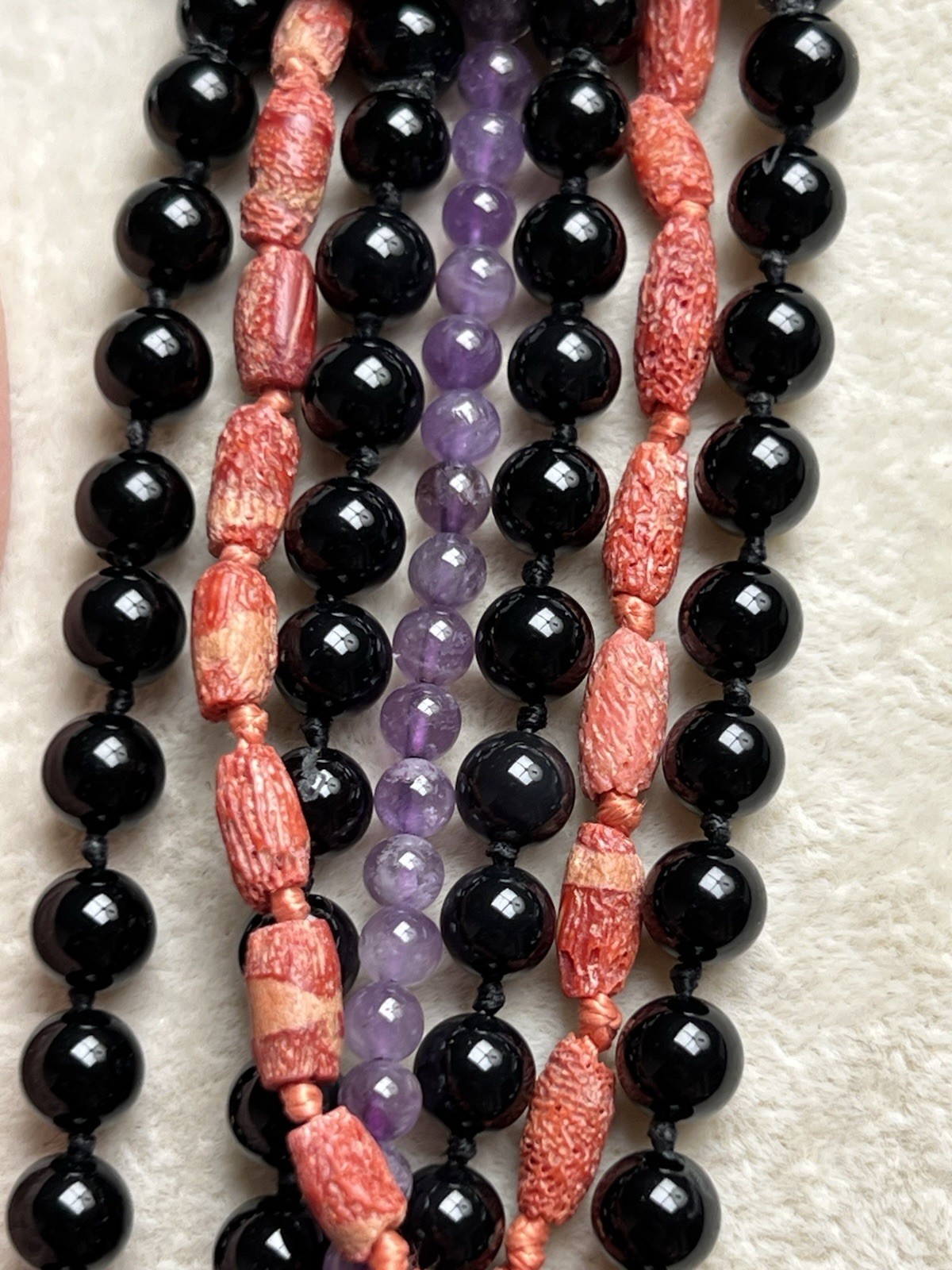 Vintage Celia Sebiri Black Agate Coral Amethyst Multi Strand Long Necklace 28”