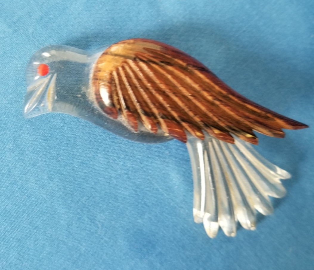 Vintage Lucite And Wood Carved Bird Pin Hawk Eagle 3 1/4″
