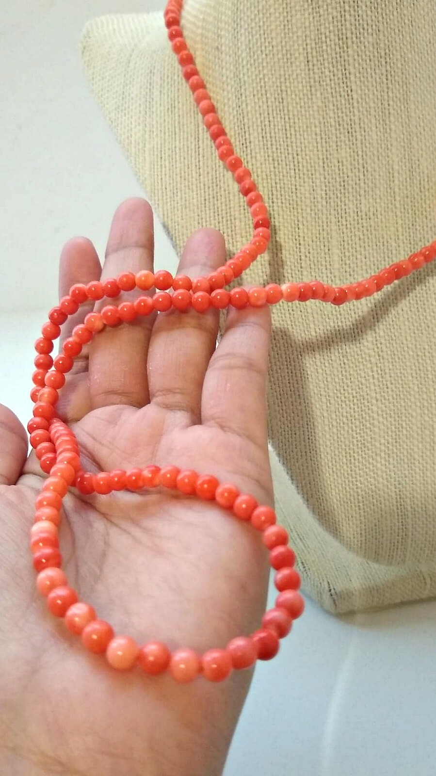 5mm Genuine Natural Pink Red Coral Beads Necklace in Silver Setting 78cm 29 gms