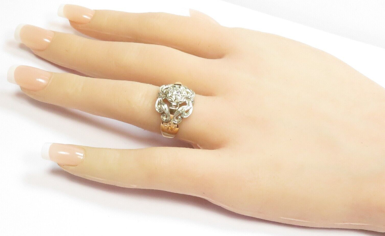 Antique 1920’s Diamond Unisex Engagement 17K Two Tone Ring Size 7.25 UK-O Deco