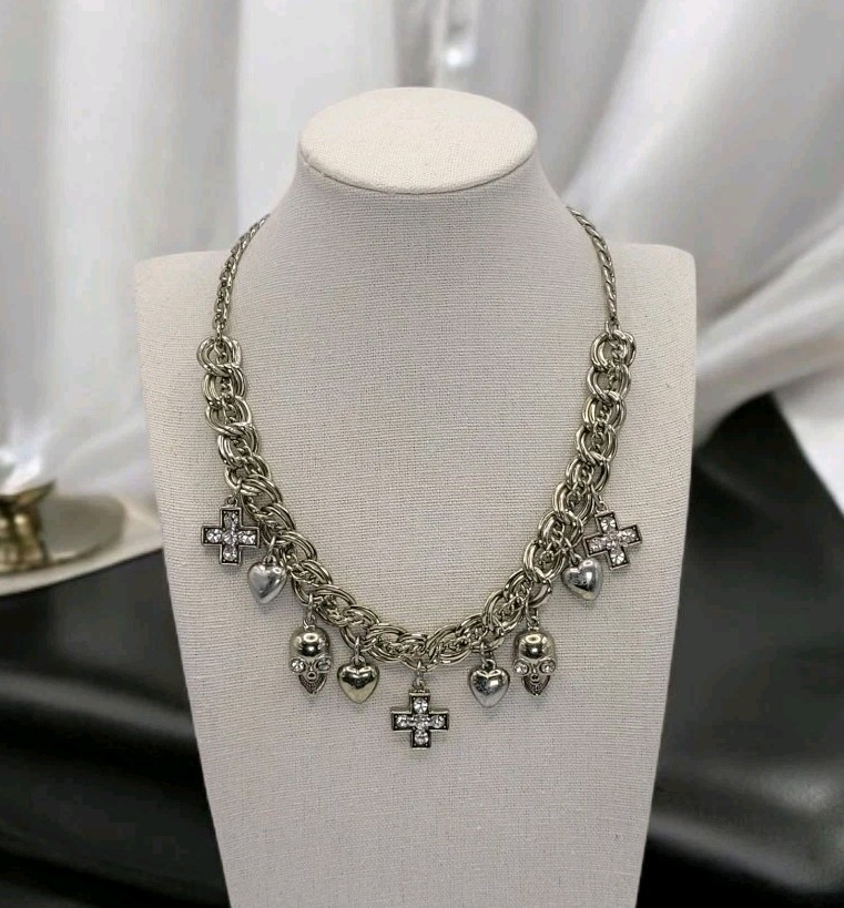 Punk Retro Gwen Skulls Hearts Crosses Charm Necklace Gold Tone Crystals 18″
