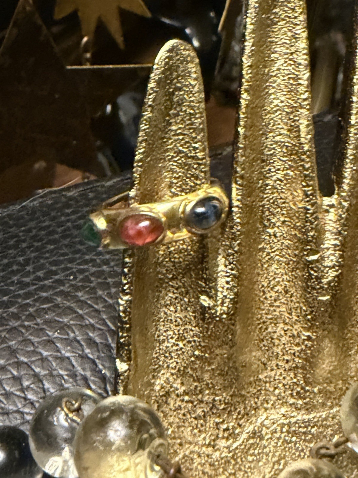 VTG 14 kt gold plated cabochon gemstones: a sapphire, a ruby, and an emerald, 6