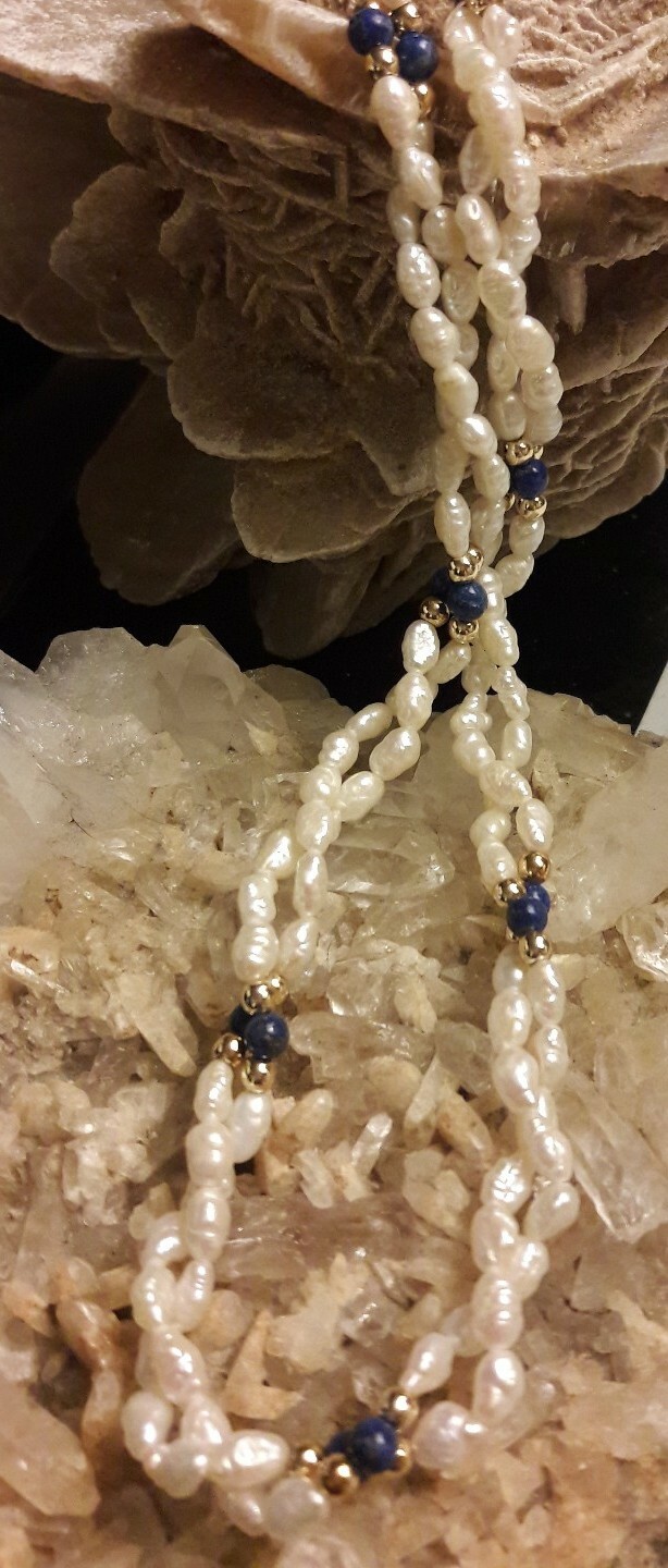 Antique Pearl Lapis Lazuli 18″ Beaded Double Necklace gold tone