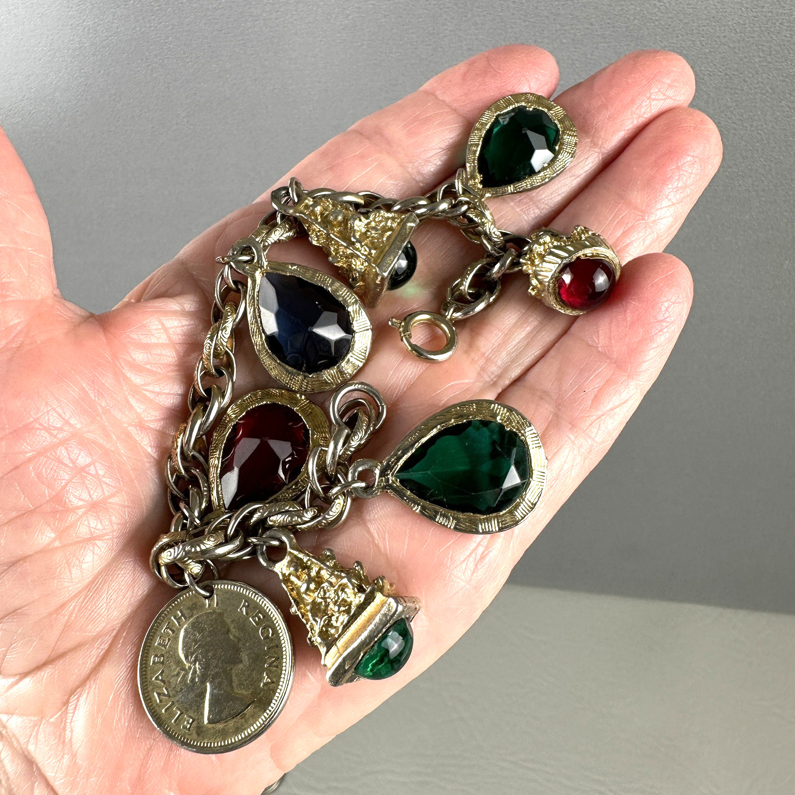 Vintage Charm Bracelet Gold Tone Glass Charms South Africa Coin 6.5″