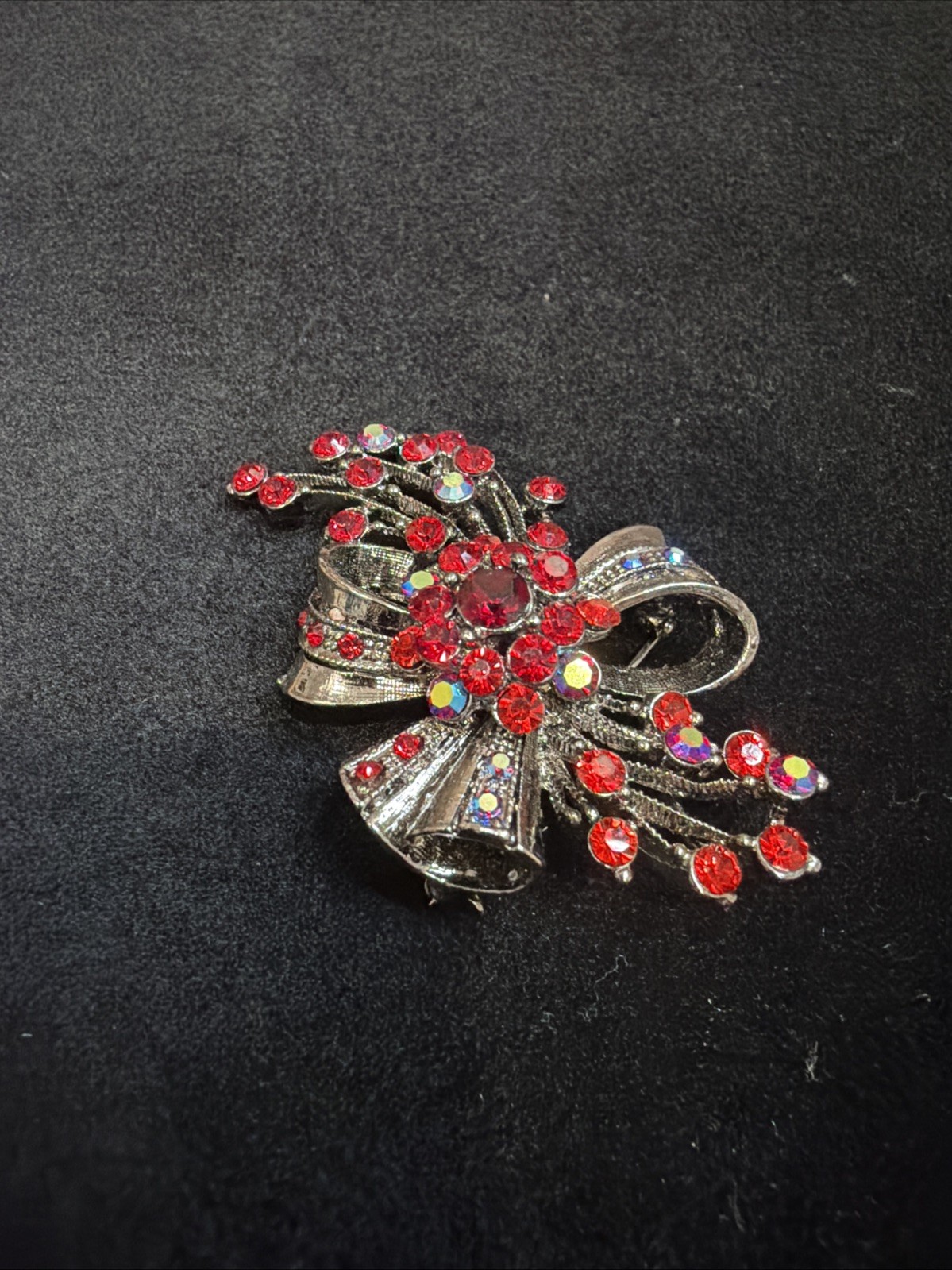 Vintage Bow Brooch Gunmetal-toned With Red Iridescent Rhinestones