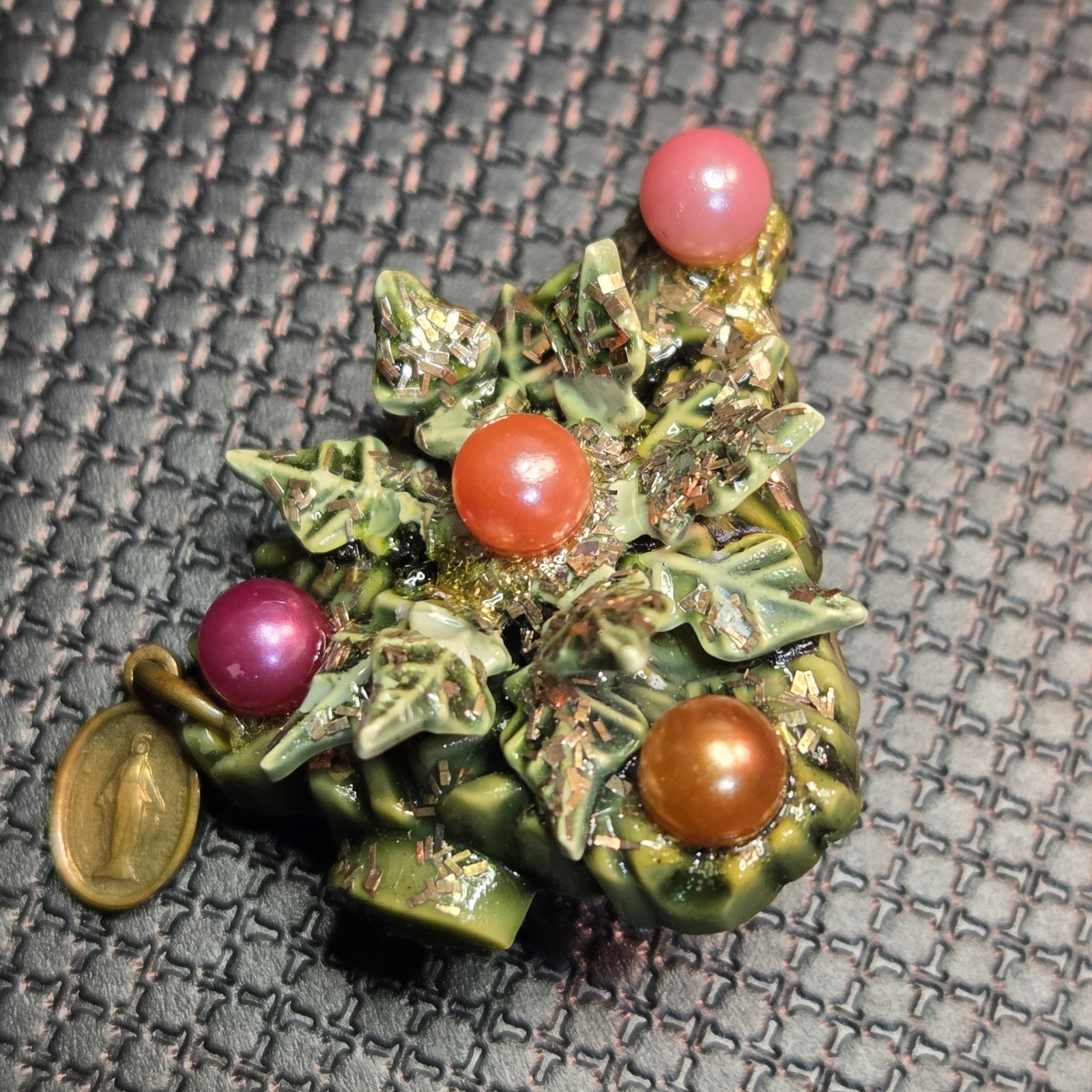 Vintage Christmas Tree Brooch w/ Dangling Micro Devotional Virgin Mary Catholic