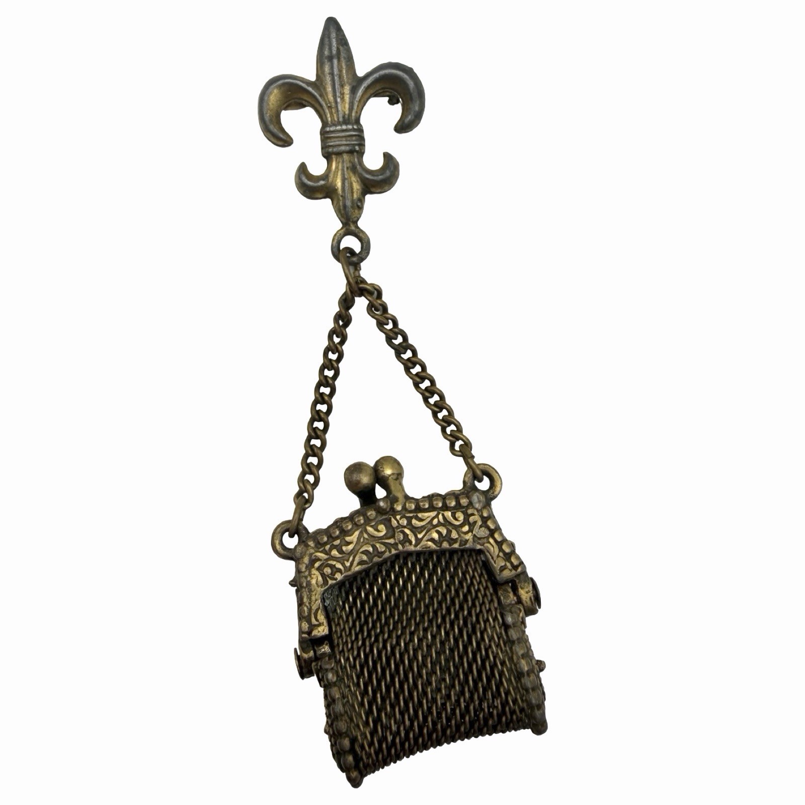 Vintage Fleur de Lis Mesh Coin Purse Brooch Chatelaine Pin Ornate Brass Tone