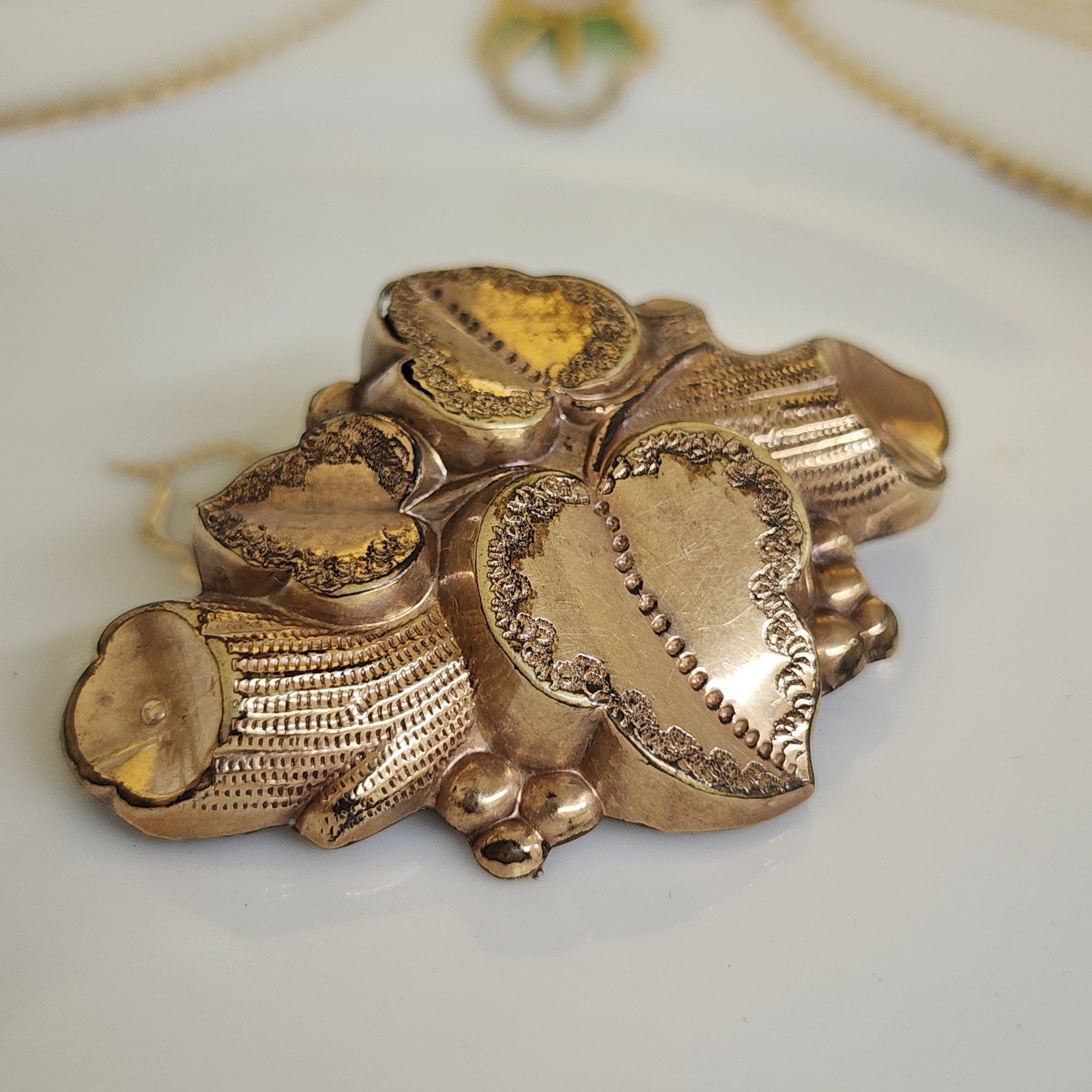 Antique Victorian Era Repousse Goldtone Brooch Garden Log Ivy Brooch
