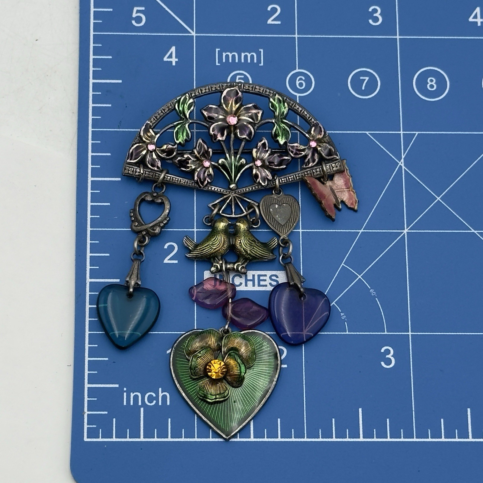 Glass Works Studio Dangling Victorian Charm Brooch Pin Heart Butterfly Birds Vtg