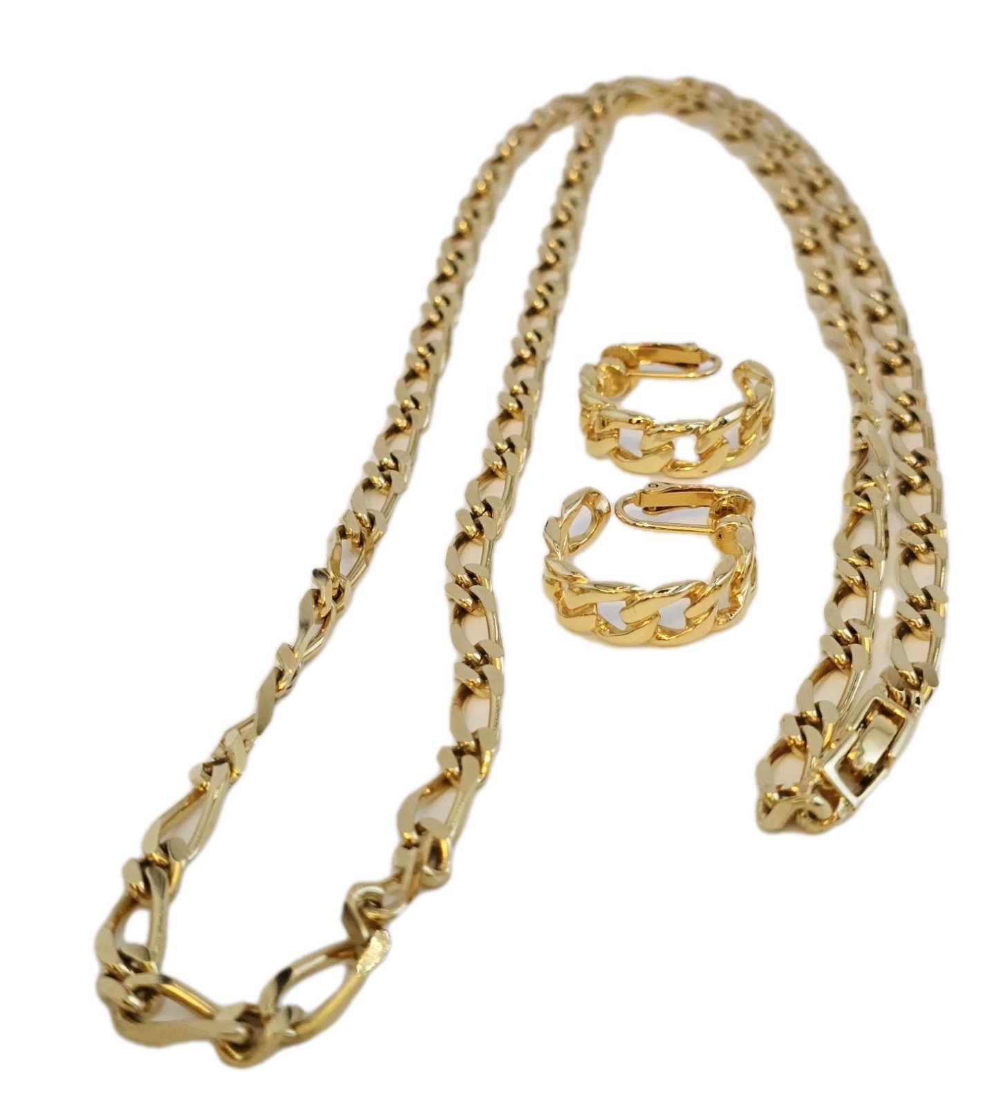 MONET 36″ LENGTH FIGARO CURB LINK NECKLACE☆ 1″ CLIP-ON EARRINGS☆GOLD-PLATED☆EC☆