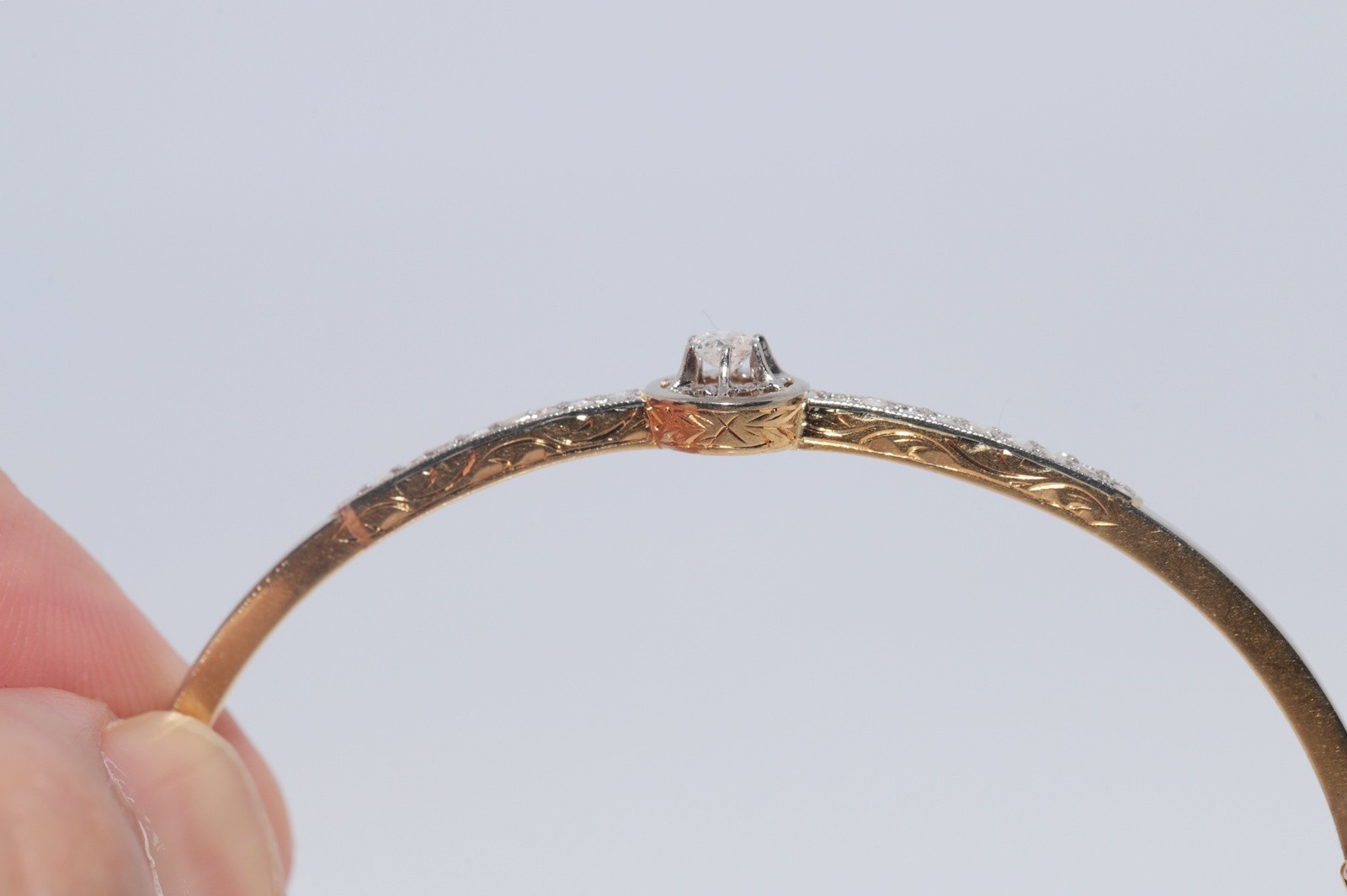 Antique Circa 1920s Art Deco 18k Gold Natural Diamond Decorated Bangle Bracelet