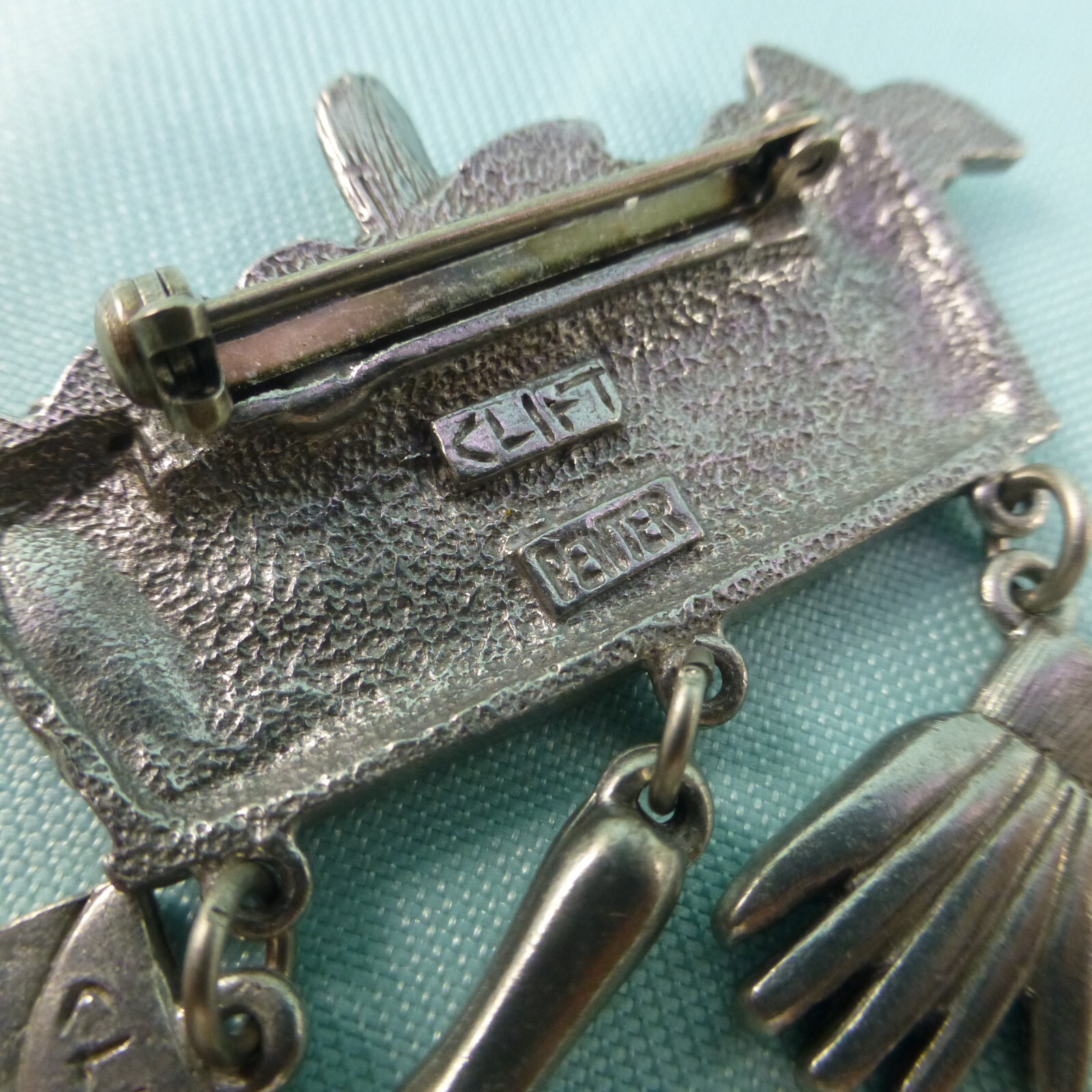 Pewter Gardening Basket Pin Brooch Signed CLIFT Flowers Dangles Seeds Gardener