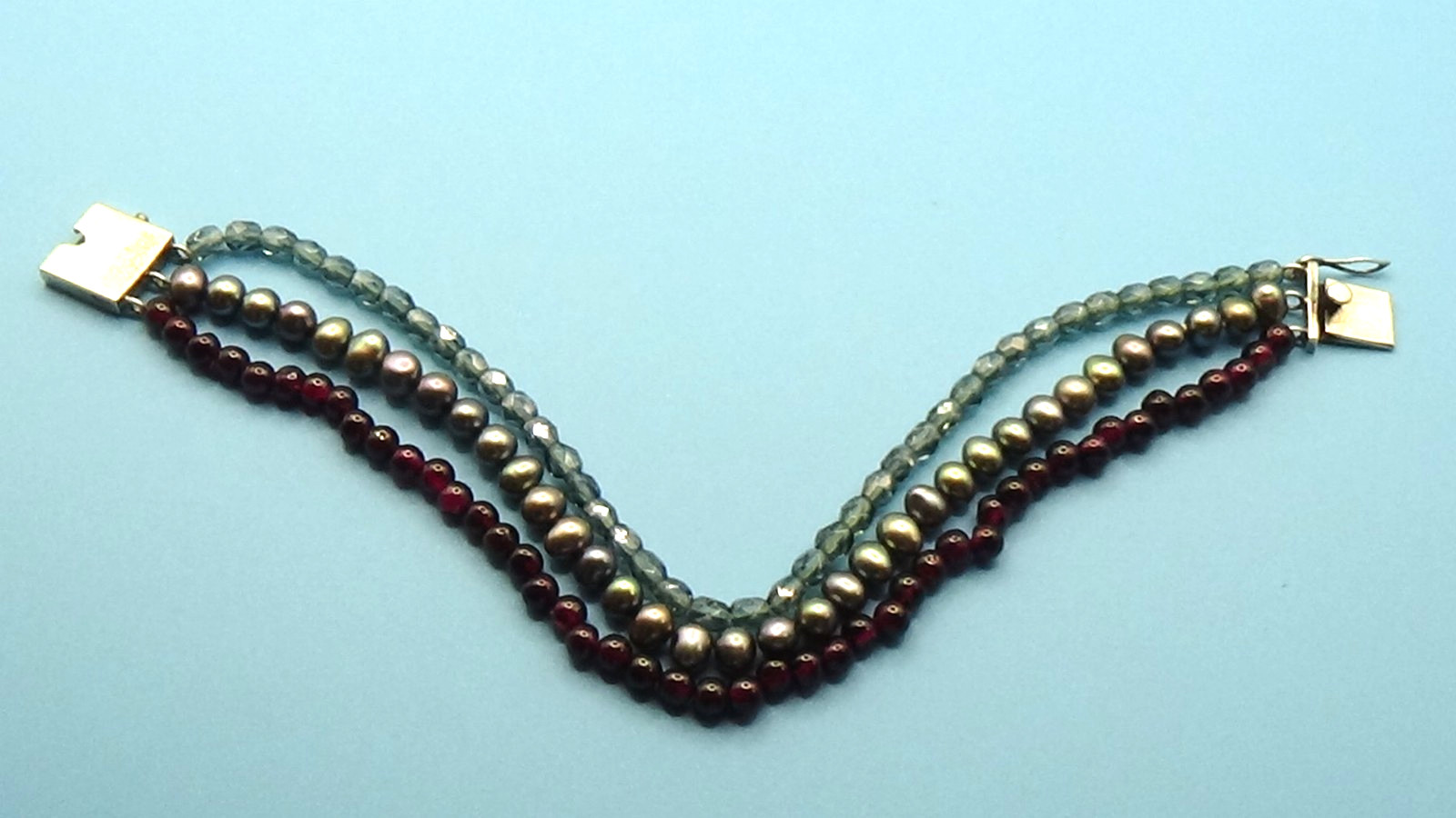 925 Sterling Silver Triple Strand Bracelet, Amethyst, Crystal & Peacock Pearl