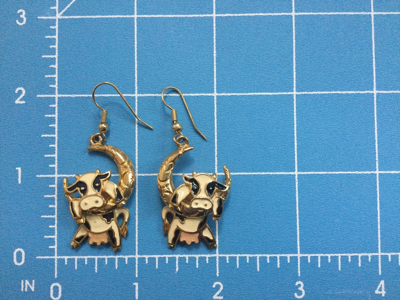 Vintage Cow Earrings Articulated Berebi Jump Over the Moon Enamel Pierced Dangle