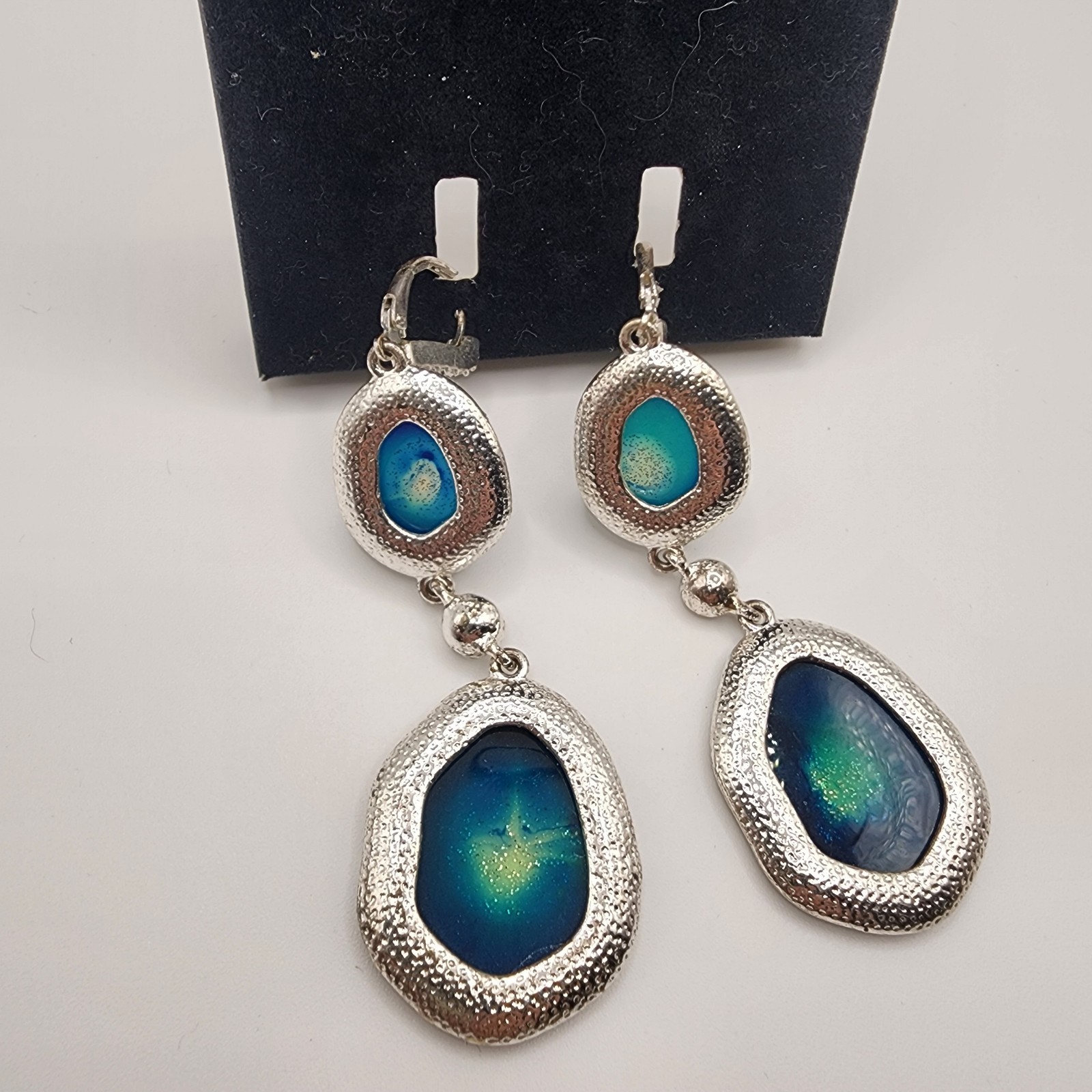 Vintage Silver Tone With Gems Women’s Earrings Geode Slices Stones Dangle Blue!