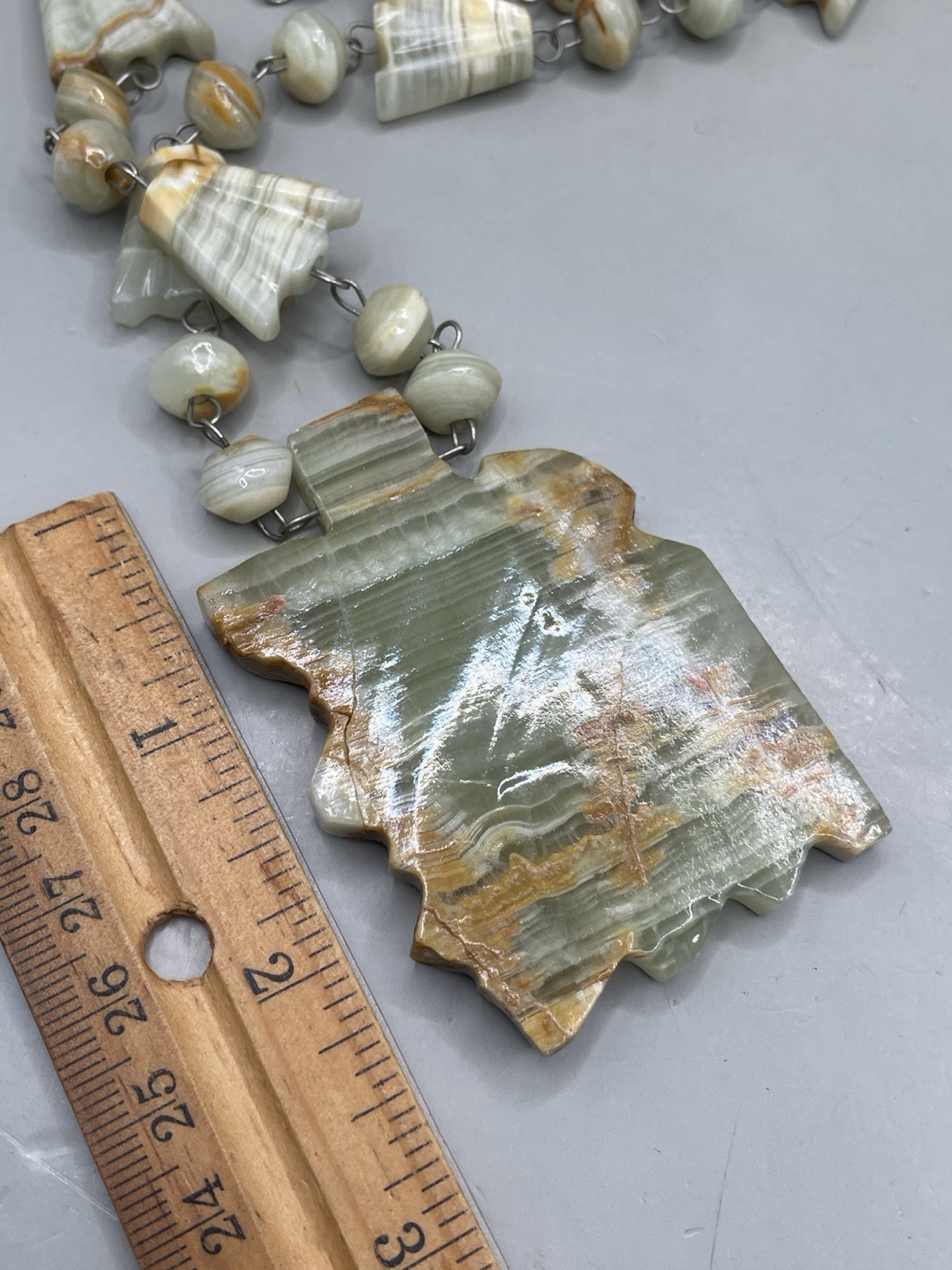 Vintage READ! Mexican Multicolor Onyx? Aztec Carved Pendant Beaded 29” Necklace