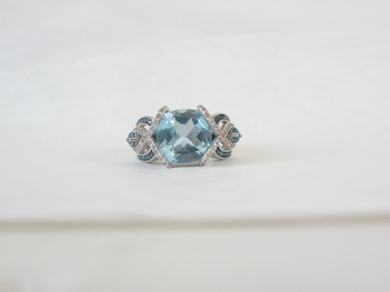 Vintage Style Sterling Silver 925 Natural Heated Blue Topaz Diamond Ring Size 6