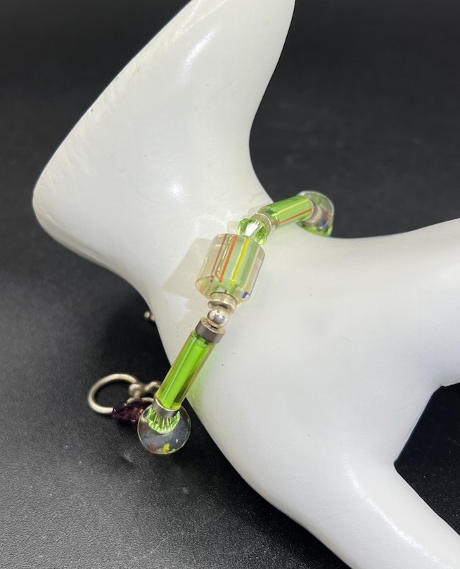 Sterling Silver, Blown Glass, Faceted Crystal Bracelet, 7”
