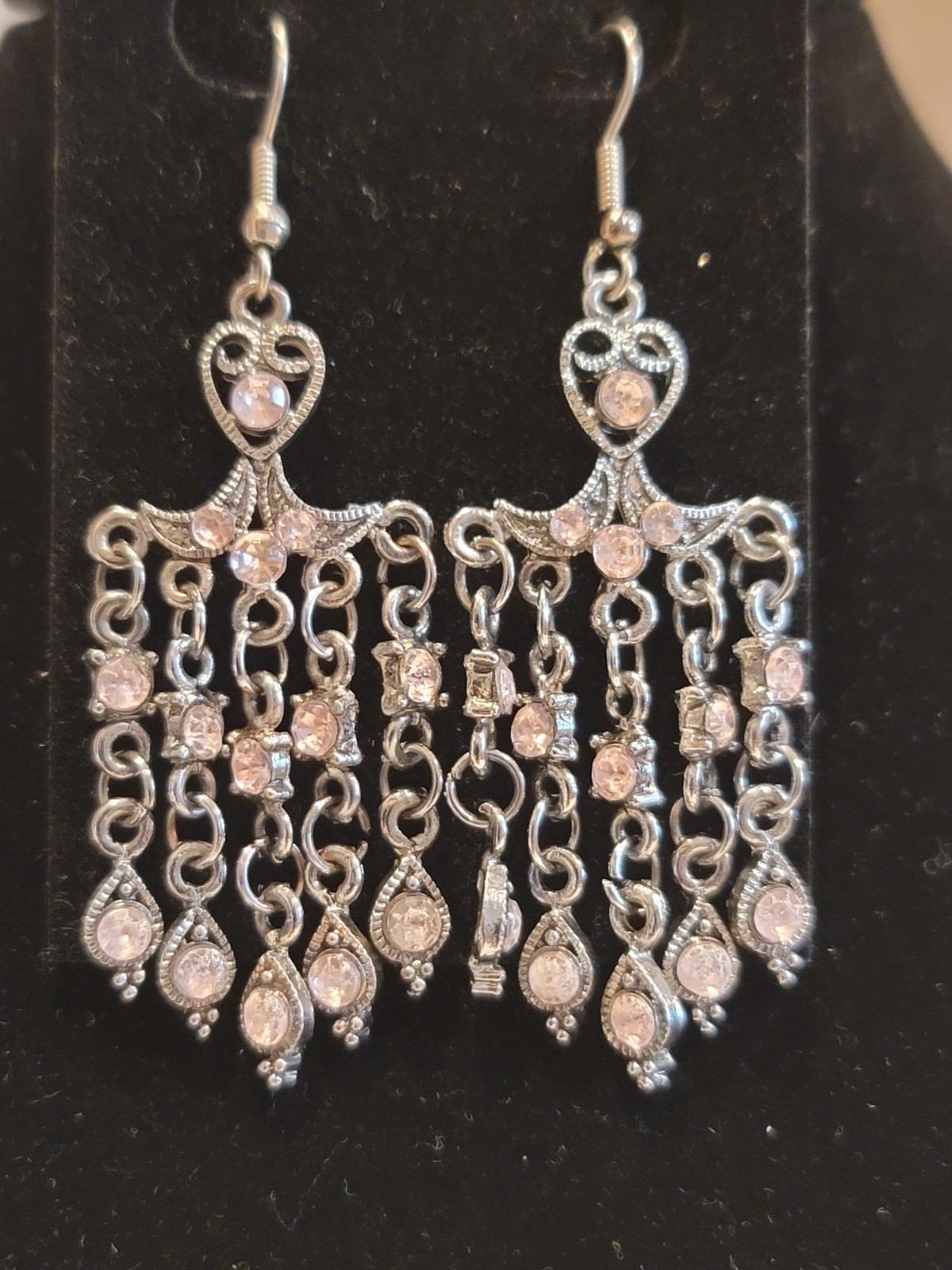 Vintage Style Chandelier Earrings Pink Rhinestone Gunmetal Dangle Boho
