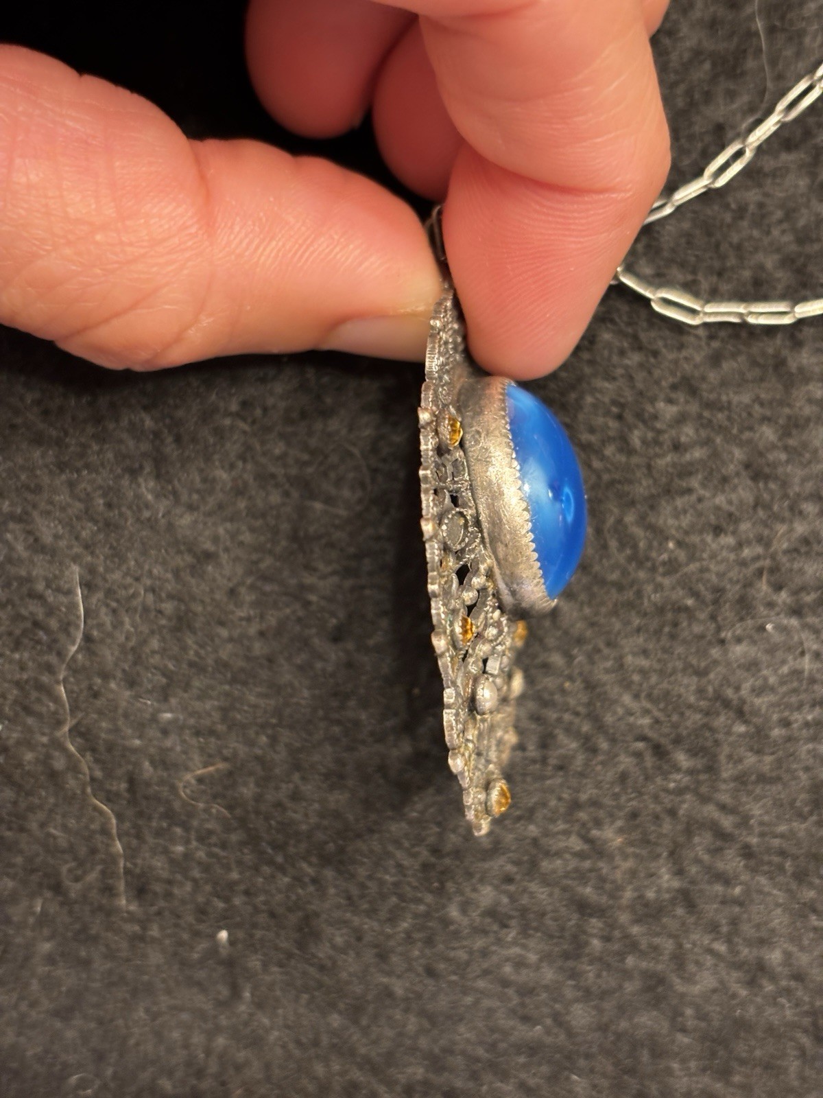 RARE VTG ART DECO GERMAN? SILVER TONE BRASS BLUE STONE BURST NECKLACE *9.8 gm*