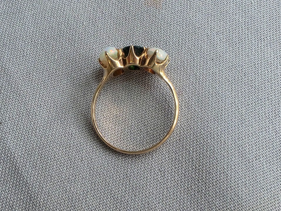 Antique Trilogy Ring Vibrant Opals and Deep Green Center Stone 10k Gold Superb!