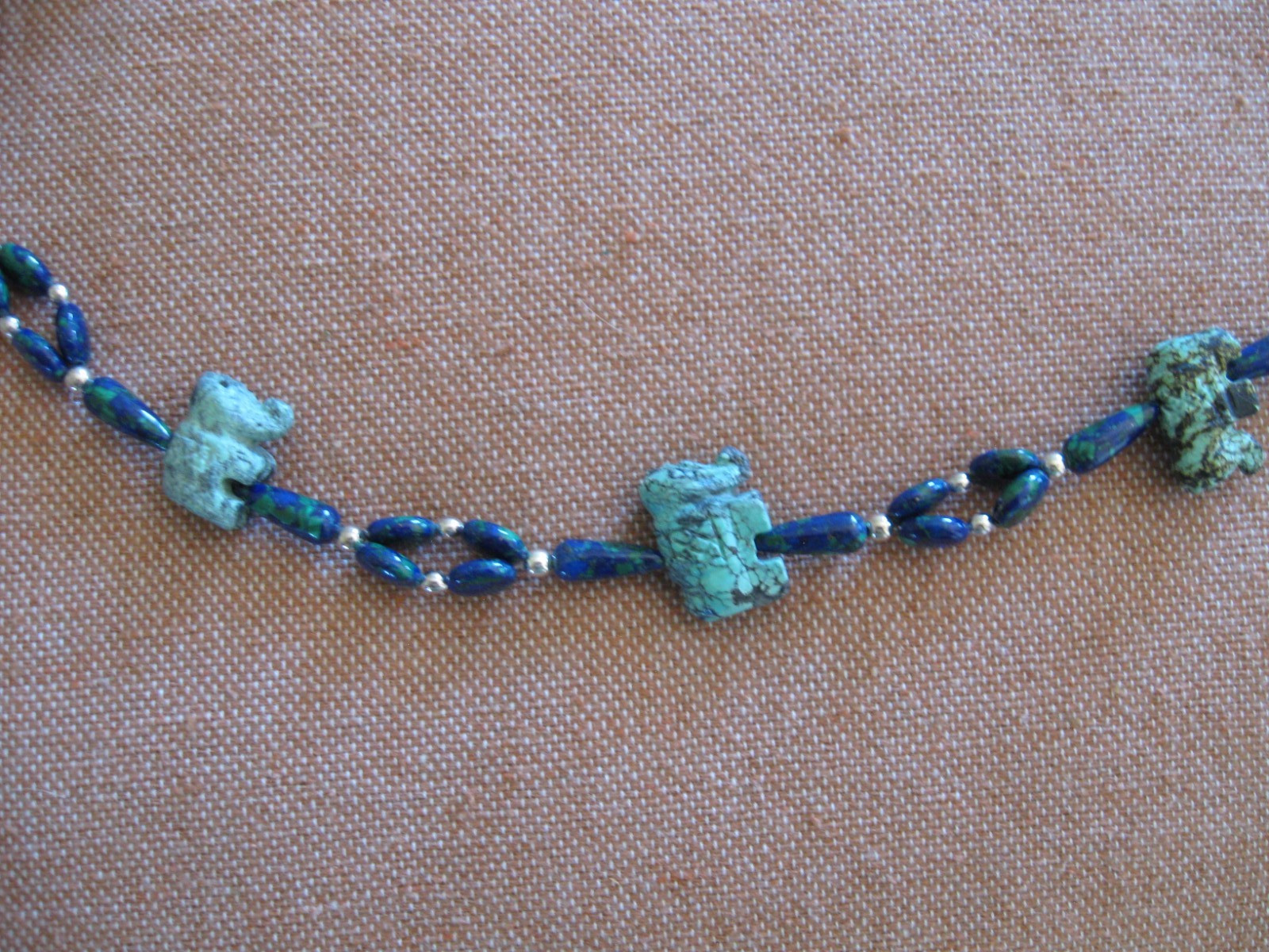 Vintage Malachite-Azurite/ Turquoise Elephant & Silver Beaded Necklace 23″ Long